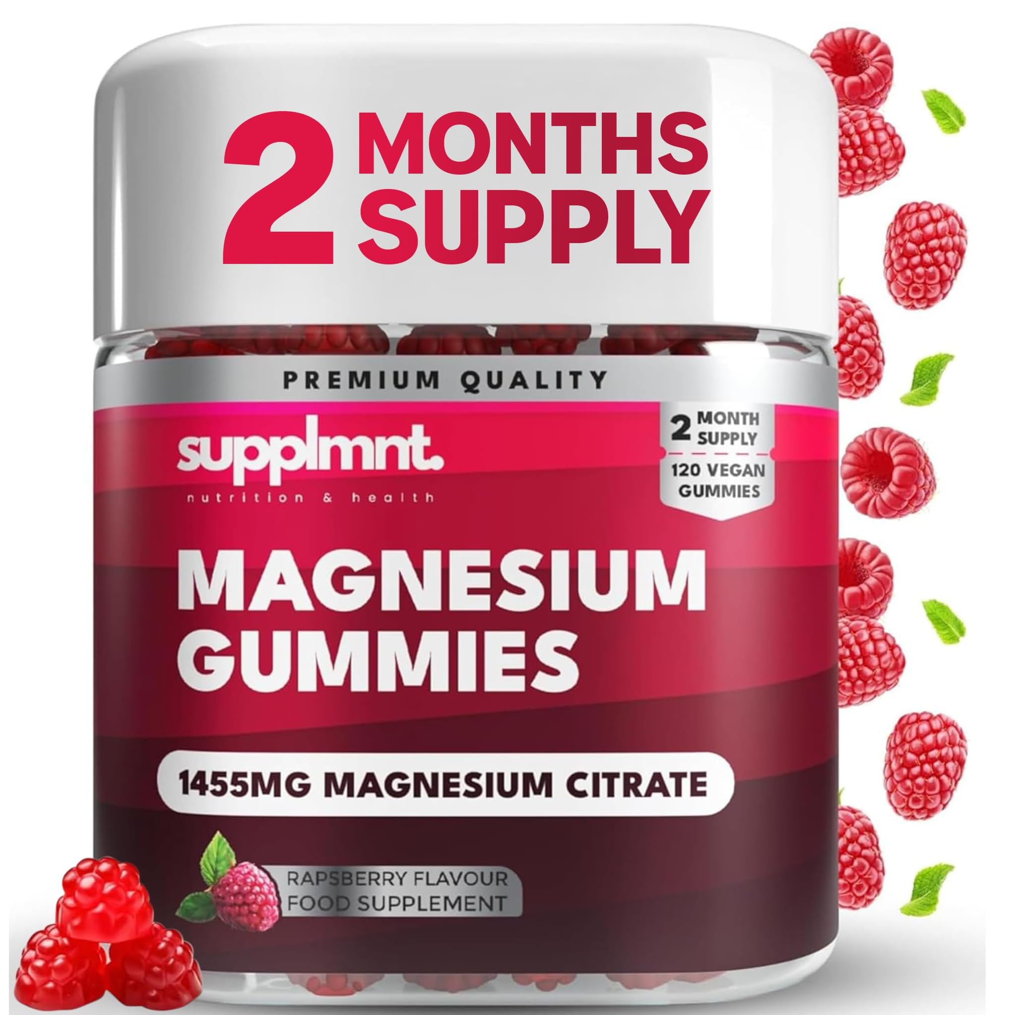 Magnesium Gummies for Adults - 120 Raspberry Vegan Gummies - 4 Months Supply - supplmnt