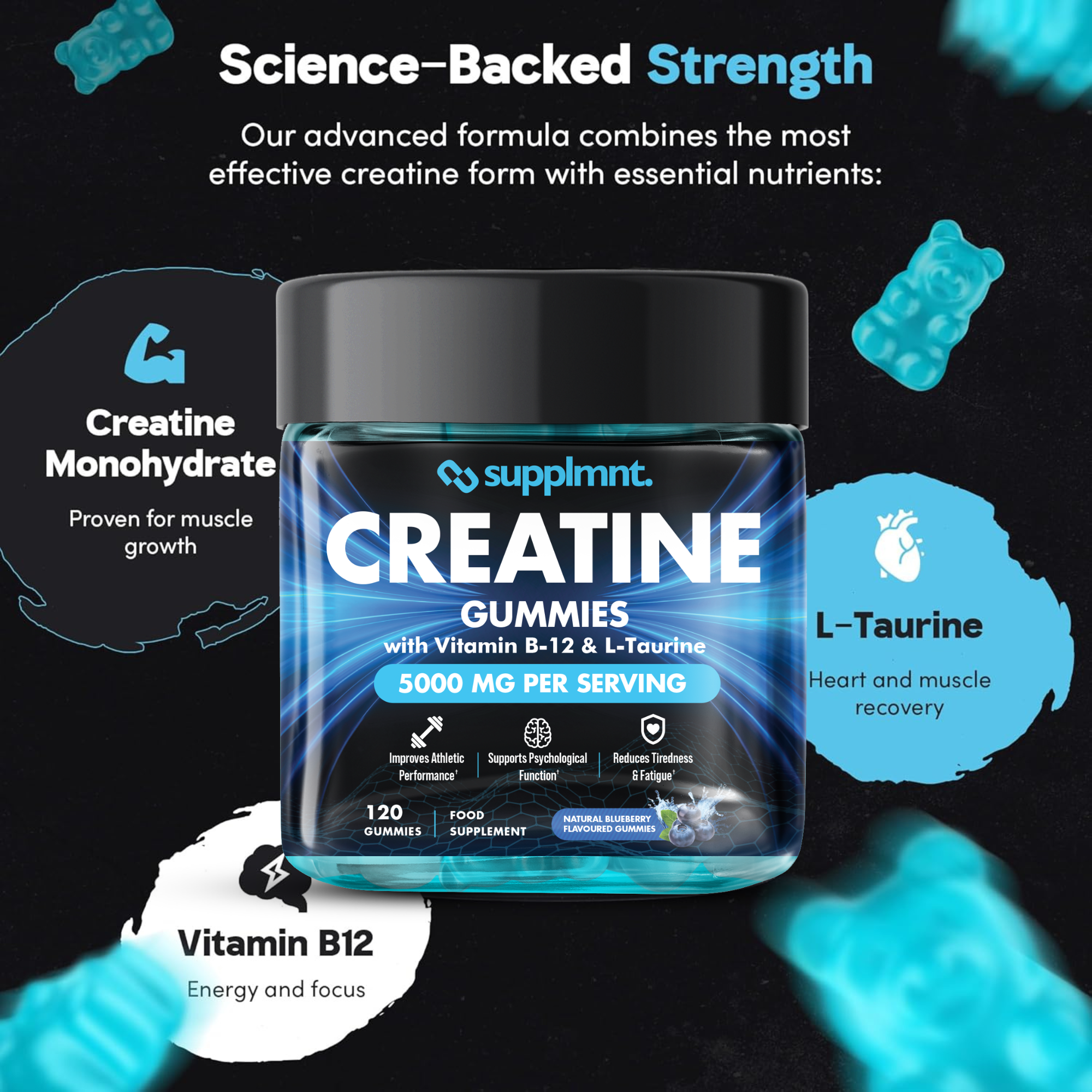 Supplmnt. Creatine B12 L-Taurine Blueberry Gummies 30 Days