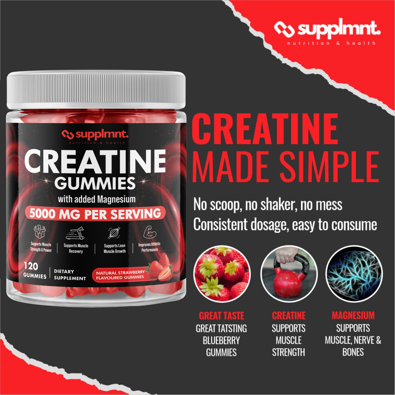 Creatine Gummies 5000mg Plus Magnesium Strawberry Flavour 1 Month Supply - supplmnt