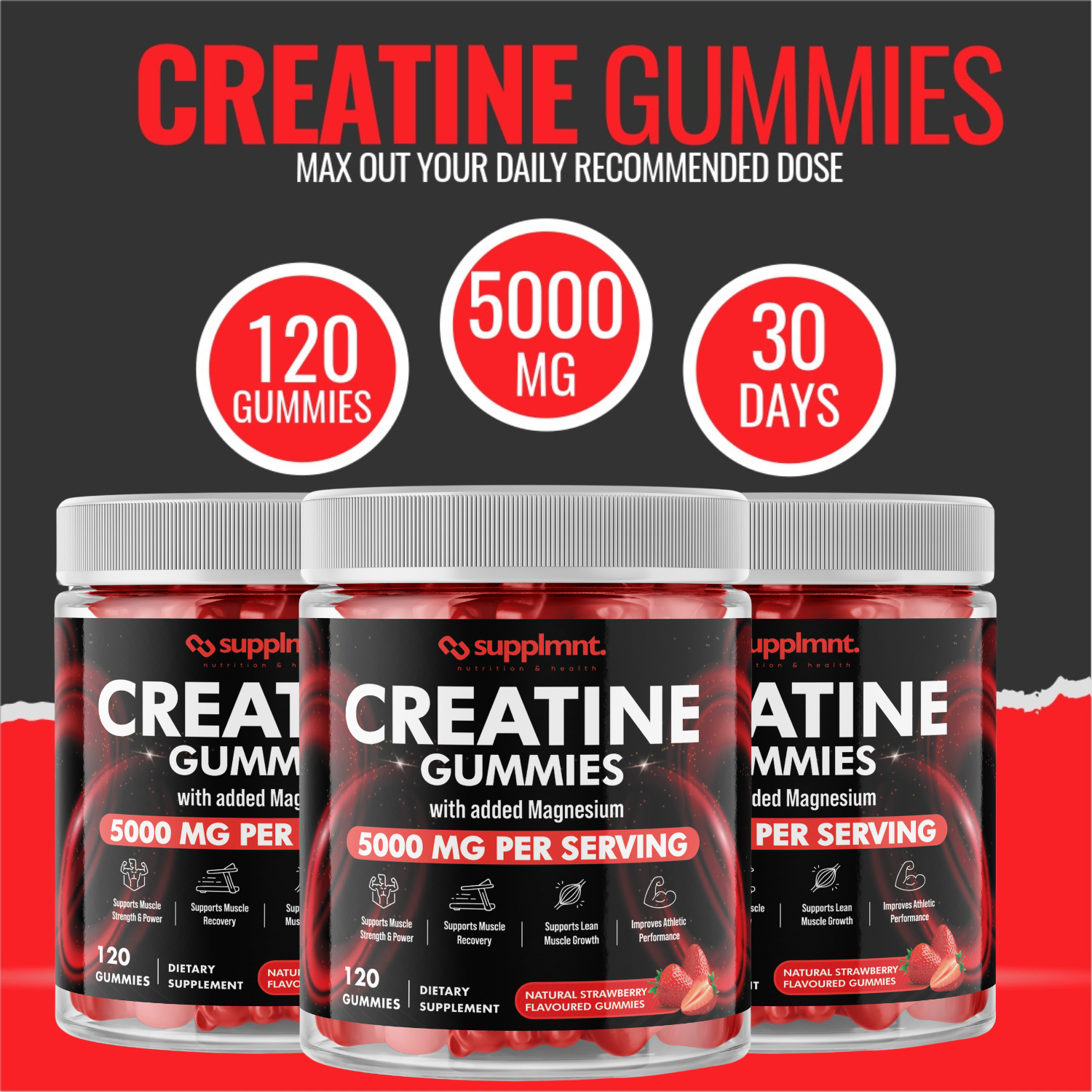Creatine Gummies 5000mg Plus Magnesium Strawberry Flavour 1 Month Supply - supplmnt