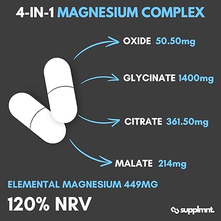 Magnesium Glycinate 4-in-1 Complex - 2026mg Supplements as Bisglycinate, Citrate, Malate & Oxide 90 Vegan Capsules, Triple High Absorption 449mg Elemental, UK Made - supplmnt