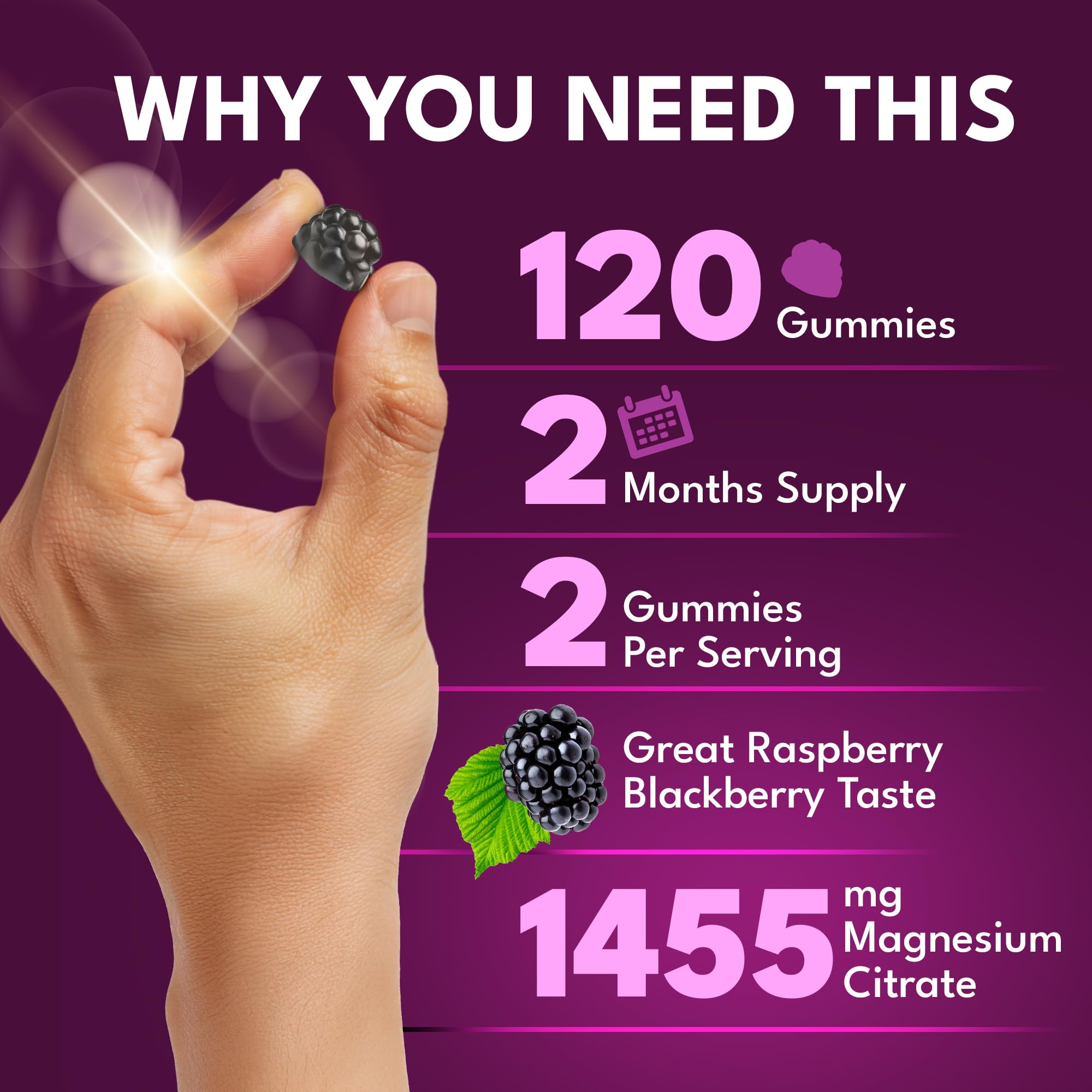 Magnesium Gummies for Adults- 1455mg Magnesium Citrate - Blackberry Magnesium Supplement  2-Months Supply - supplmnt