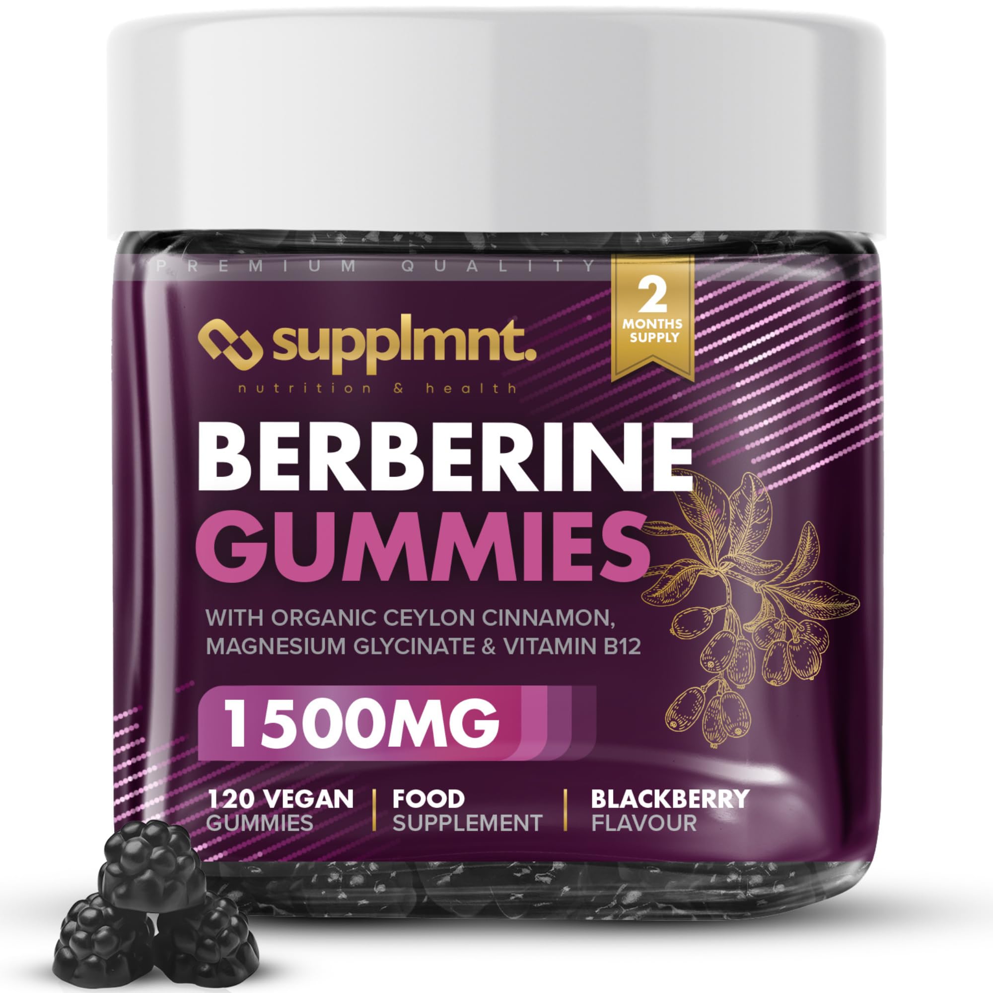 Berberine Gummies - 120-Day Supply, 1500mg Berberine with 1000mg Ceylon Cinnamon, 2.4mg Vitamin B12 & 400mg Magnesium Glycinate - Powerful Metabolism & Immune Support Supplement - BlackBerry Flavour - supplmnt