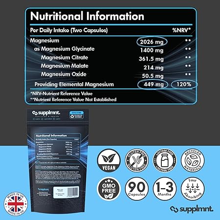 Magnesium Glycinate 4-in-1 Complex - 2026mg Supplements as Bisglycinate, Citrate, Malate & Oxide 90 Vegan Capsules, Triple High Absorption 449mg Elemental, UK Made - supplmnt
