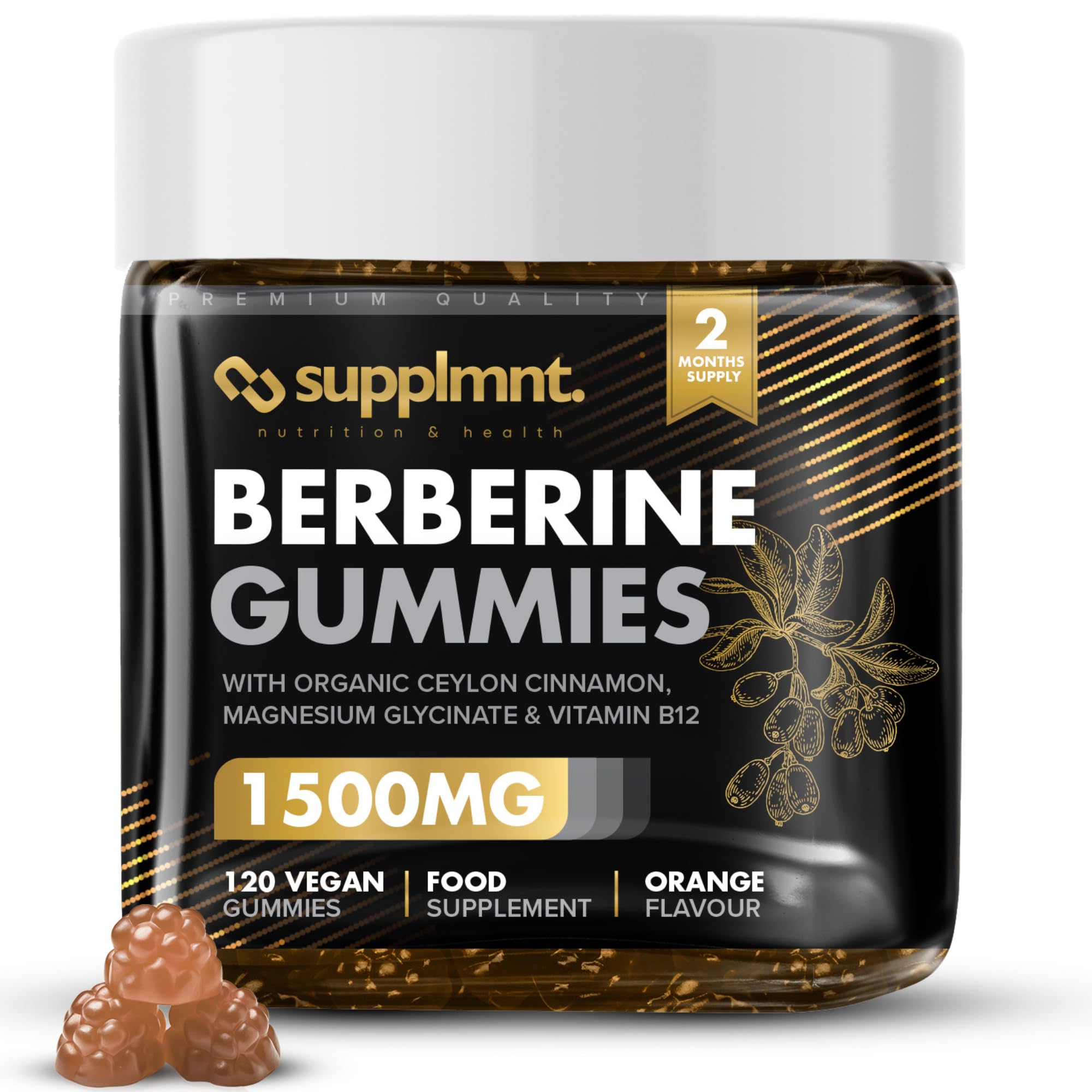 Berberine Gummies - 120-Day Supply, 1500mg Berberine with 1000mg Ceylon Cinnamon, 2.4mg Vitamin B12 & 400mg Magnesium Glycinate - Powerful Metabolism & Immune Support Supplement - Orange Flavour - supplmnt