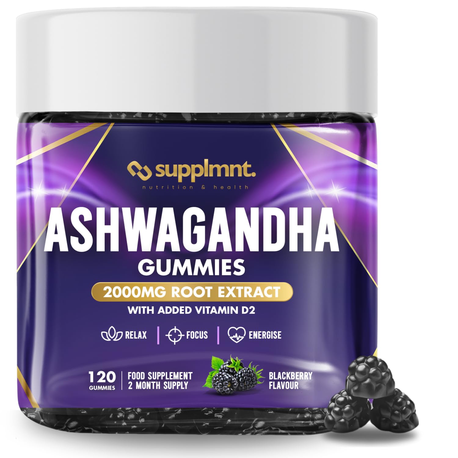 Ashwagandha Gummies, 2000mg with Vitamin D2 | 120 Gummies - 2 Months Supply, BlackBerry Flavour Ashwagandha High Strength Root Extract Supplement, Alternative to Capsules. Gluten-Free - supplmnt