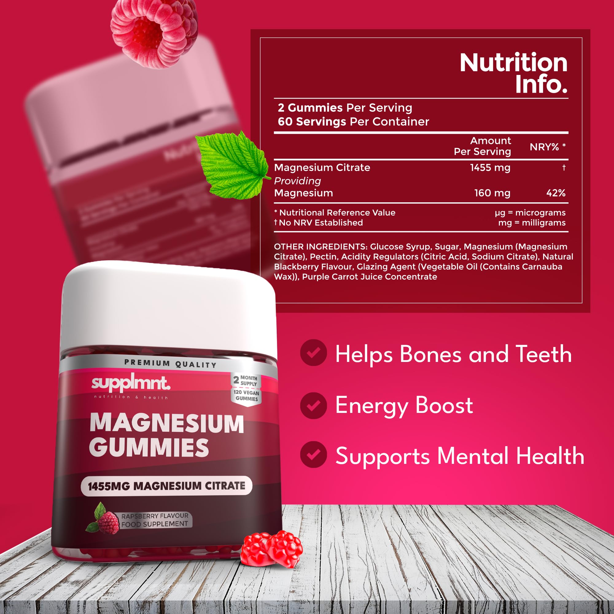 Magnesium Gummies for Adults- 1455mg Magnesium Citrate - Raspberry Magnesium Supplement  2-Months Supply - supplmnt