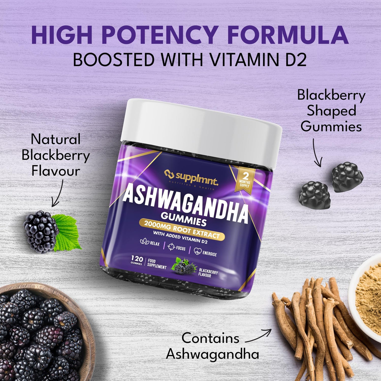 Ashwagandha Gummies, 2000mg with Vitamin D2 | 120 Gummies - 2 Months Supply, BlackBerry Flavour Ashwagandha High Strength Root Extract Supplement, Alternative to Capsules. Gluten-Free - supplmnt