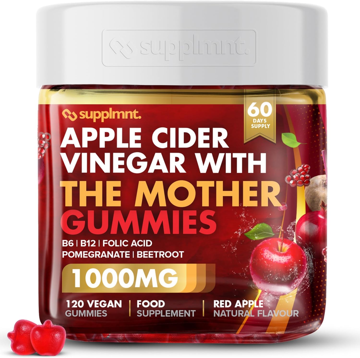 supplmnt. Apple Cider Vinegar Gummies with The Mother – 1000mg ACV, B6, B12, Folic Acid, Pomegranate & Beetroot – Red Apple Flavour – 120 Vegan Gummies (60-Day Supply)