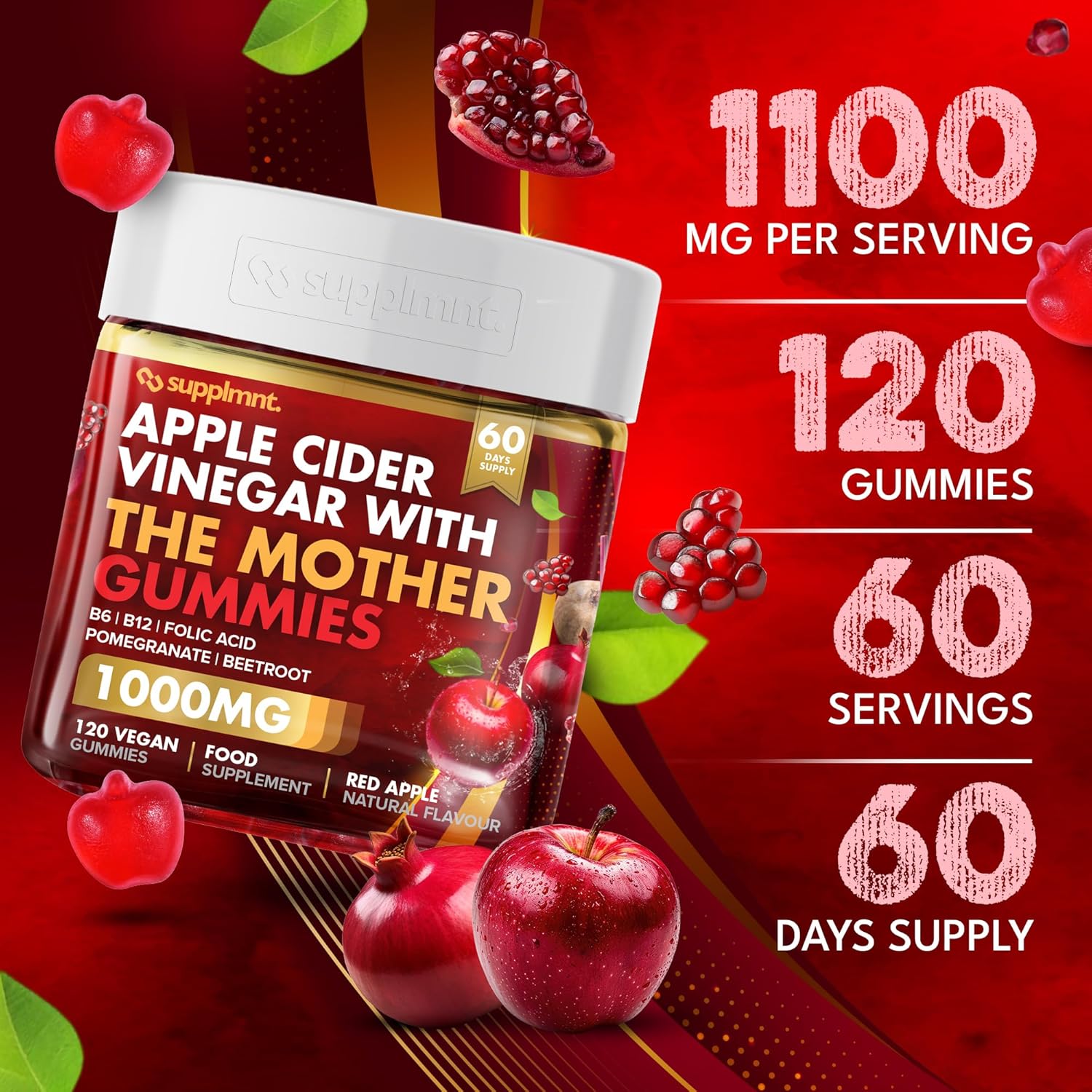 supplmnt. Apple Cider Vinegar Gummies with The Mother – 1000mg ACV, B6, B12, Folic Acid, Pomegranate & Beetroot – Red Apple Flavour – 120 Vegan Gummies (60-Day Supply)
