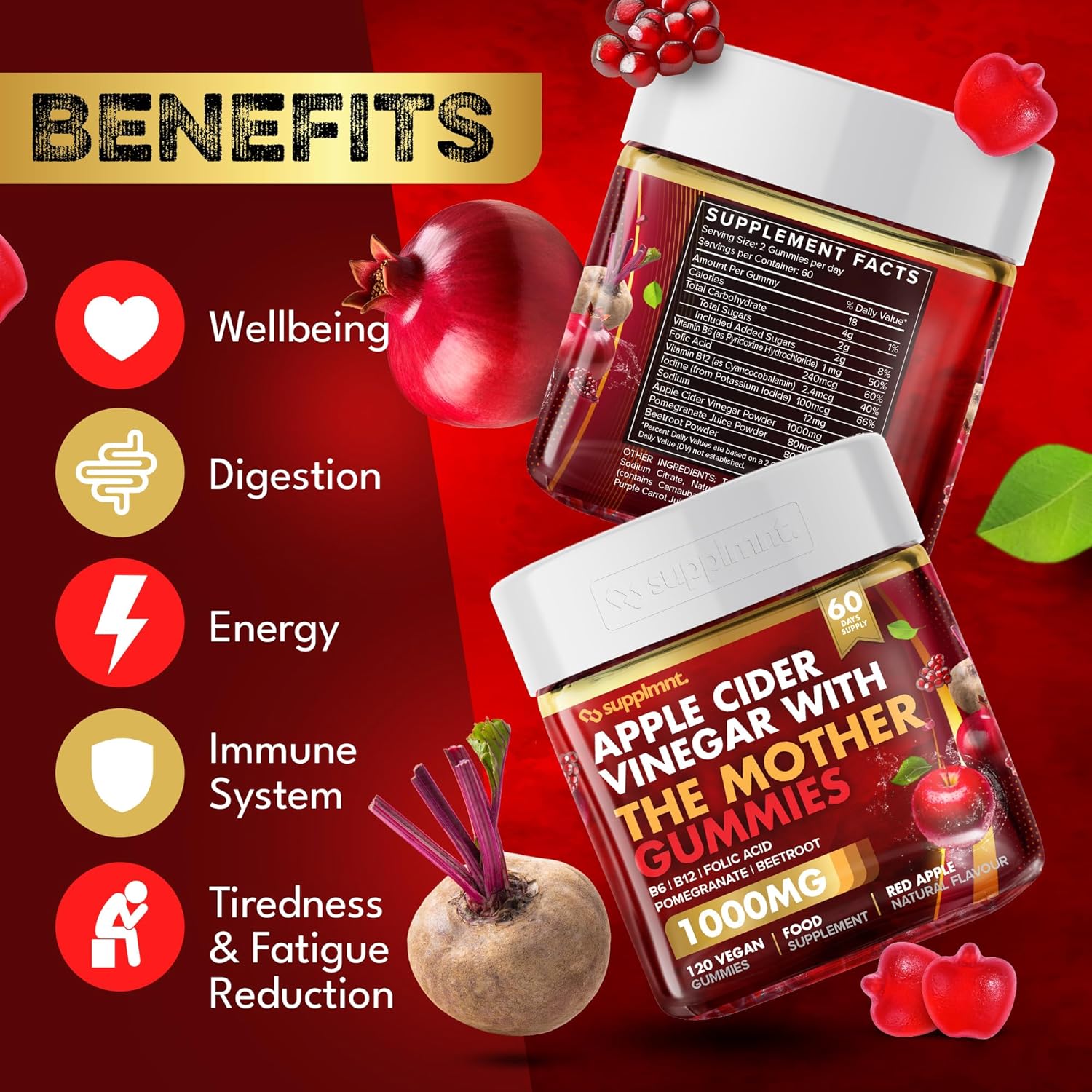 supplmnt. Apple Cider Vinegar Gummies with The Mother – 1000mg ACV, B6, B12, Folic Acid, Pomegranate & Beetroot – Red Apple Flavour – 120 Vegan Gummies (60-Day Supply)