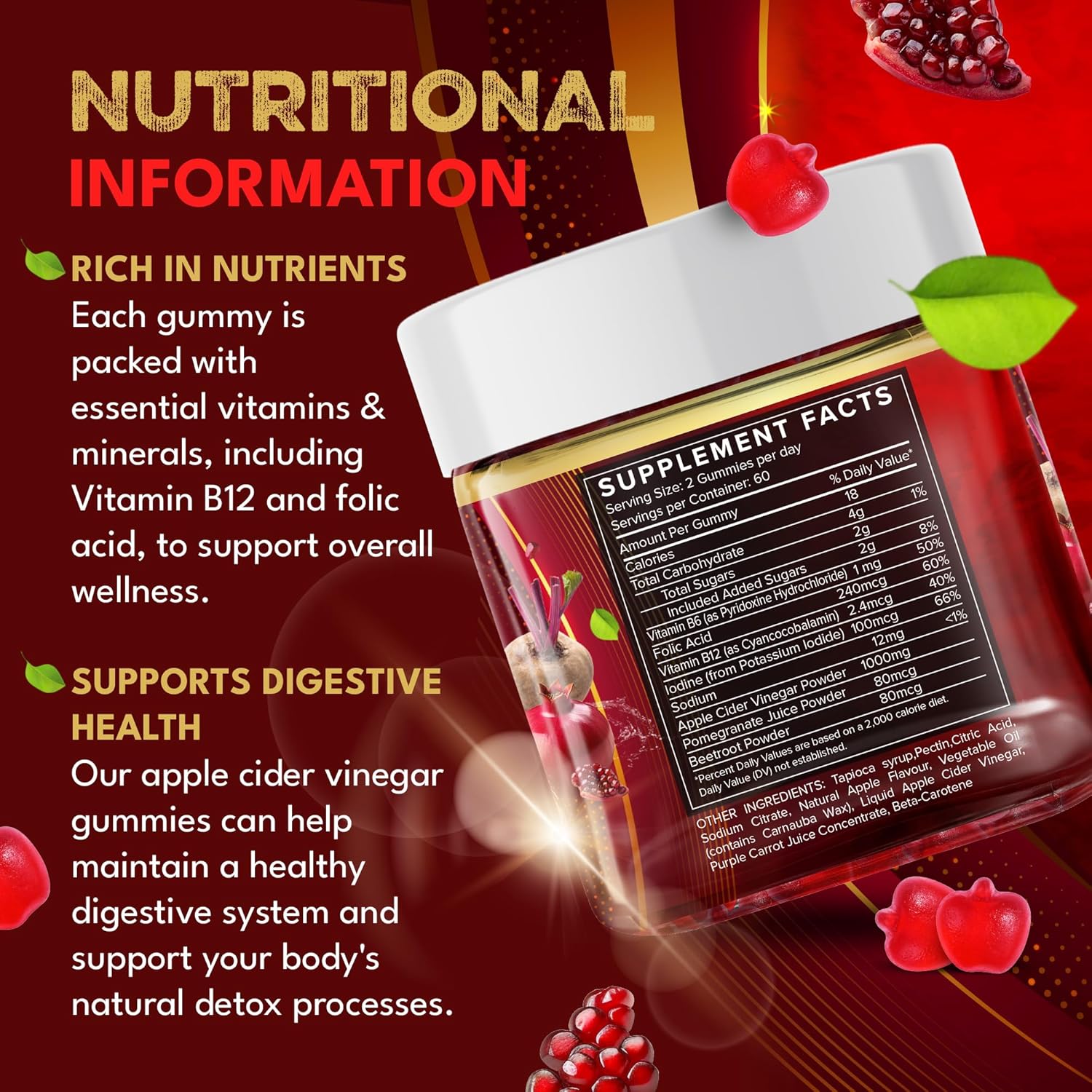 supplmnt. Apple Cider Vinegar Gummies with The Mother – 1000mg ACV, B6, B12, Folic Acid, Pomegranate & Beetroot – Red Apple Flavour – 120 Vegan Gummies (60-Day Supply)