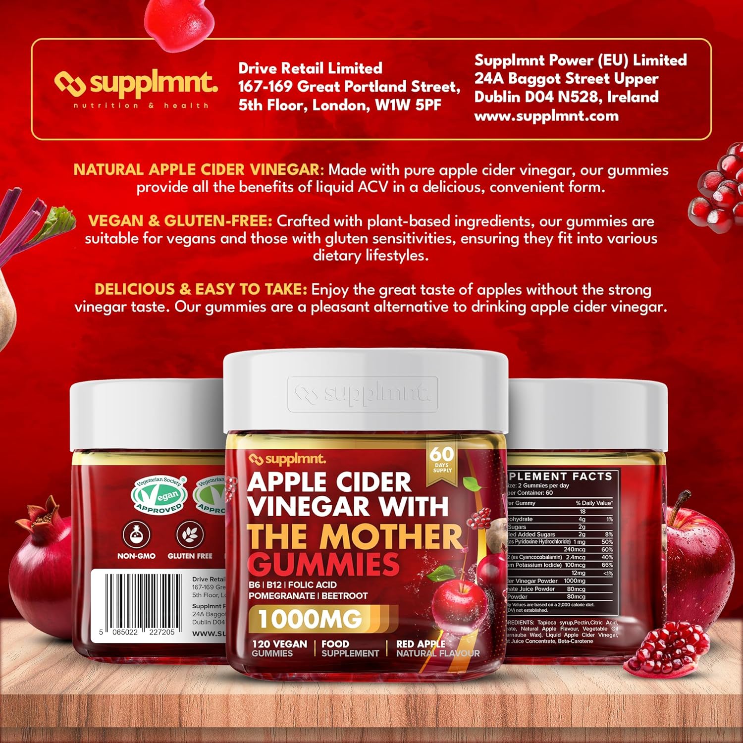 supplmnt. Apple Cider Vinegar Gummies with The Mother – 1000mg ACV, B6, B12, Folic Acid, Pomegranate & Beetroot – Red Apple Flavour – 120 Vegan Gummies (60-Day Supply)