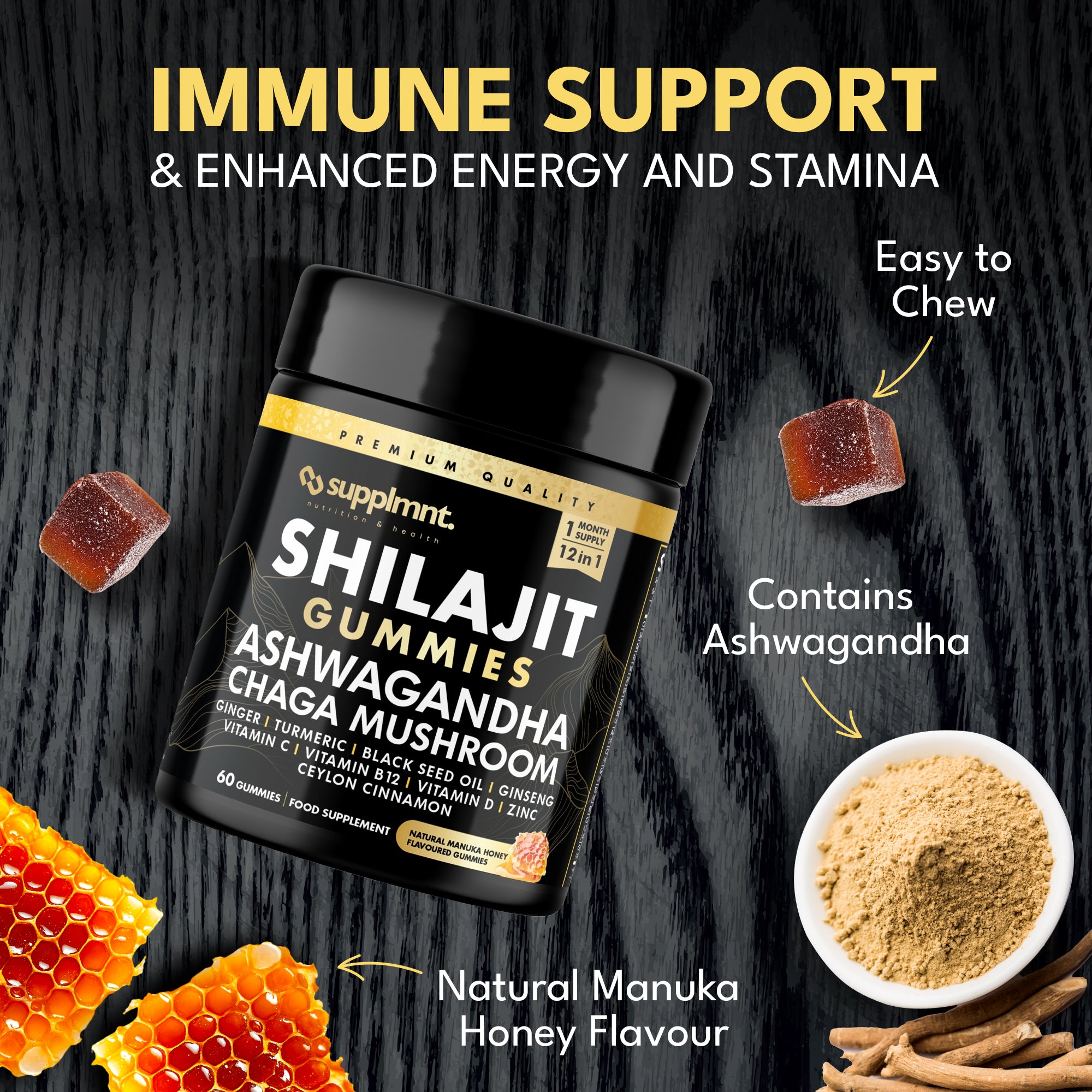 Shilajit Bundle - 2 x Shilajit Gummies with Ashwagandha, Chaga Mushroom, Ginger, Turmeric, Black Seed Oil, Ginseng, Vitamins C, B12, D, Zinc, Ceylon Cinnamon - supplmnt