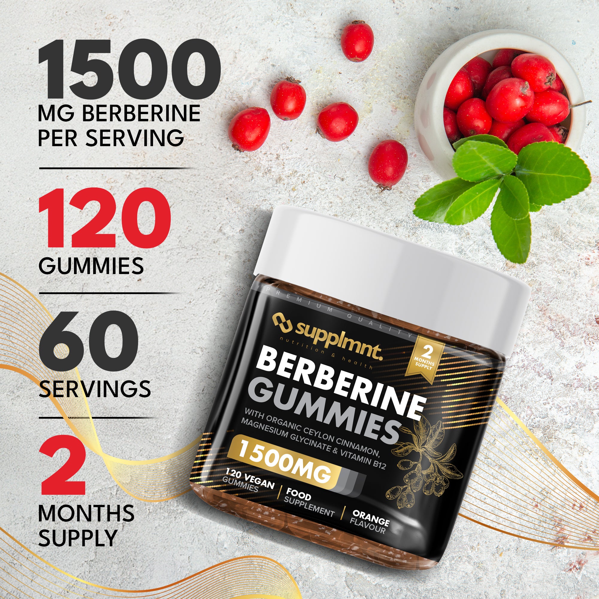 Berberine Gummies - 120-Day Supply, 1500mg Berberine with 1000mg Ceylon Cinnamon, 2.4mg Vitamin B12 & 400mg Magnesium Glycinate - Powerful Metabolism & Immune Support Supplement - Orange Flavour - supplmnt