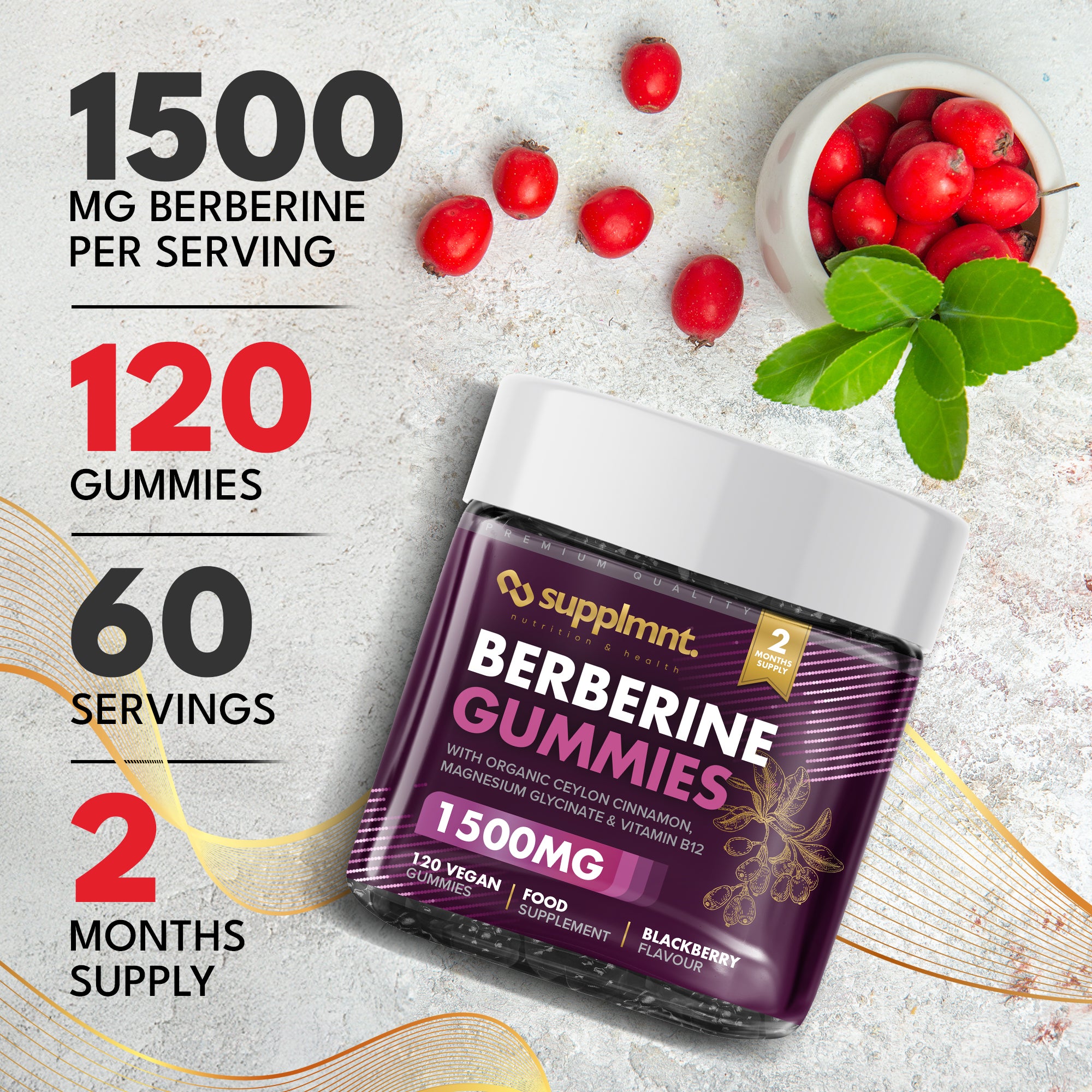 Berberine Gummies - 120-Day Supply, 1500mg Berberine with 1000mg Ceylon Cinnamon, 2.4mg Vitamin B12 & 400mg Magnesium Glycinate - Powerful Metabolism & Immune Support Supplement - BlackBerry Flavour - supplmnt