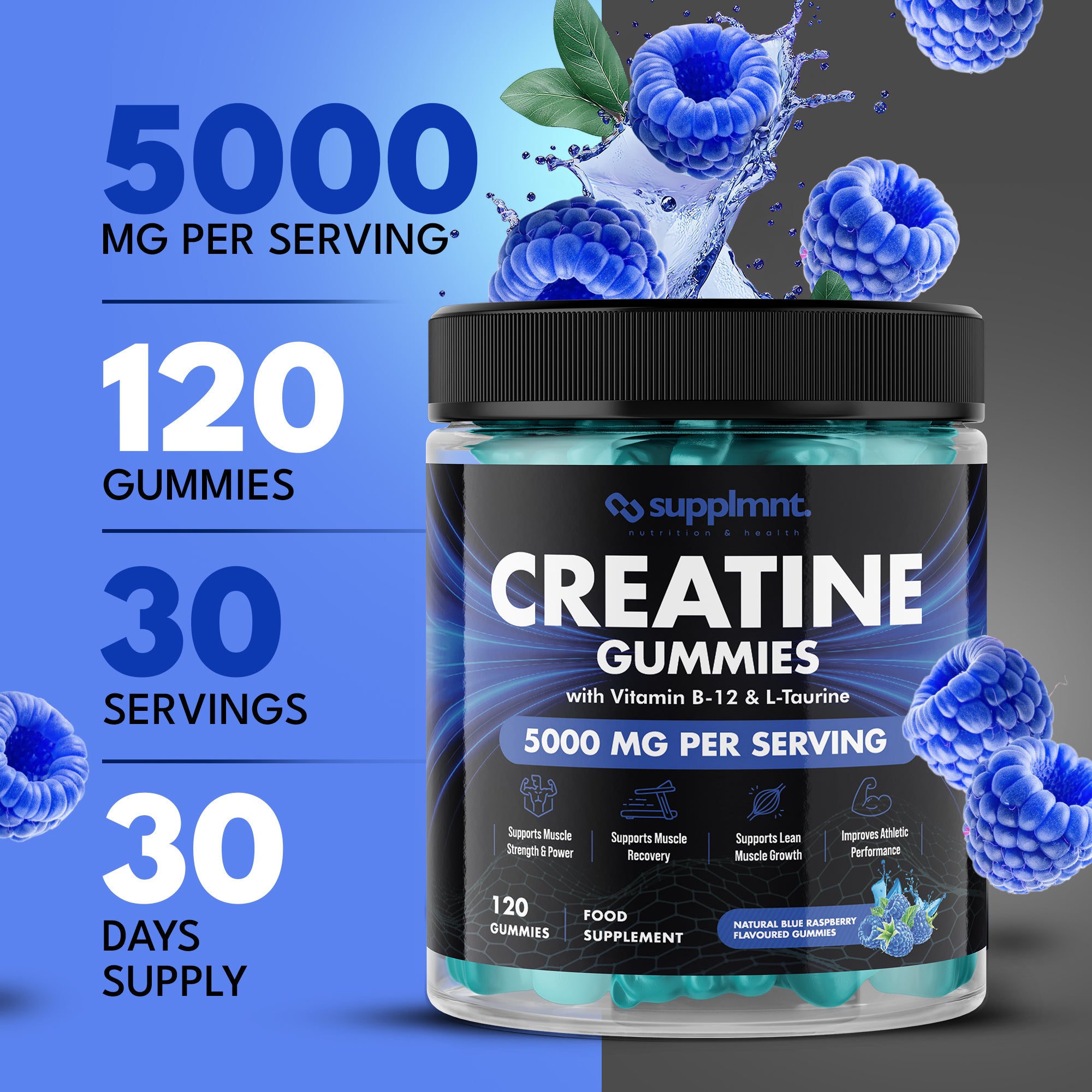 Creatine Gummies 5000mg Plus B12 and L-Taurine Blue Raspberry Flavour 1 Month Supply - supplmnt