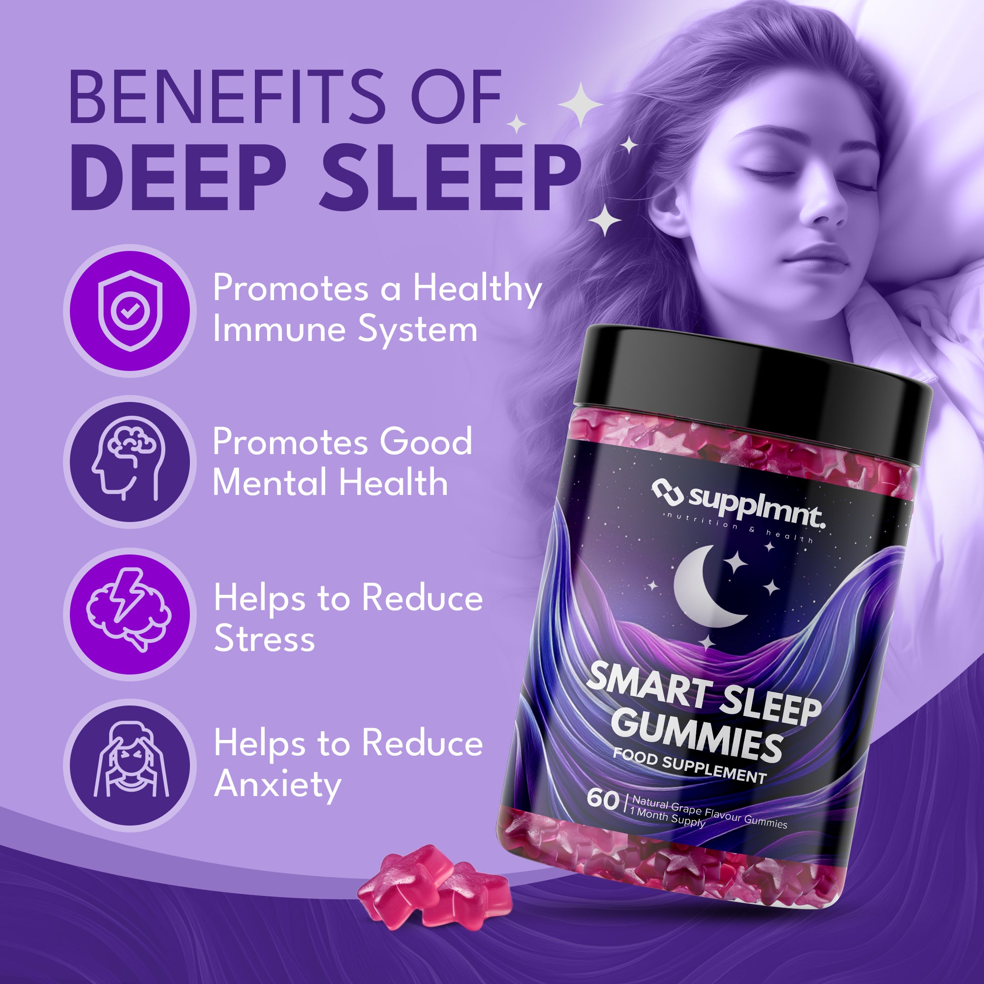 Sleep Gummies | Formulated with Valerian Root and Griffonia Seed Extract | 60 Natural Grape Flavour Gummies, 1 Month Supply - supplmnt