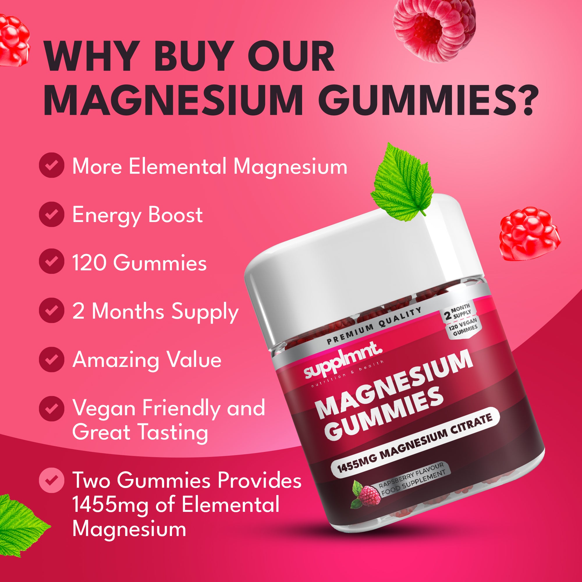 Magnesium Gummies for Adults- 1455mg Magnesium Citrate - Raspberry Magnesium Supplement  2-Months Supply - supplmnt