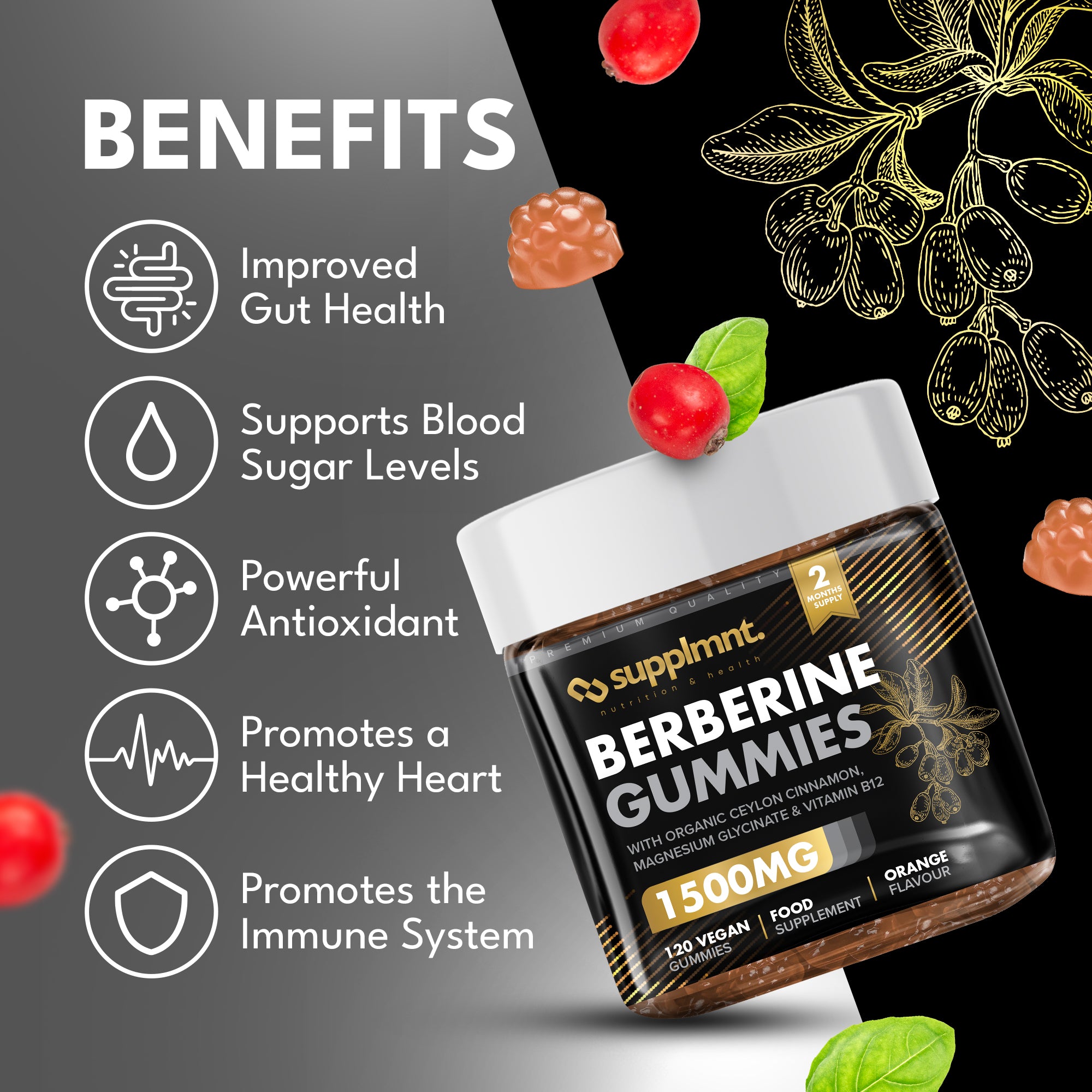 Berberine Gummies - 120-Day Supply, 1500mg Berberine with 1000mg Ceylon Cinnamon, 2.4mg Vitamin B12 & 400mg Magnesium Glycinate - Powerful Metabolism & Immune Support Supplement - Orange Flavour - supplmnt