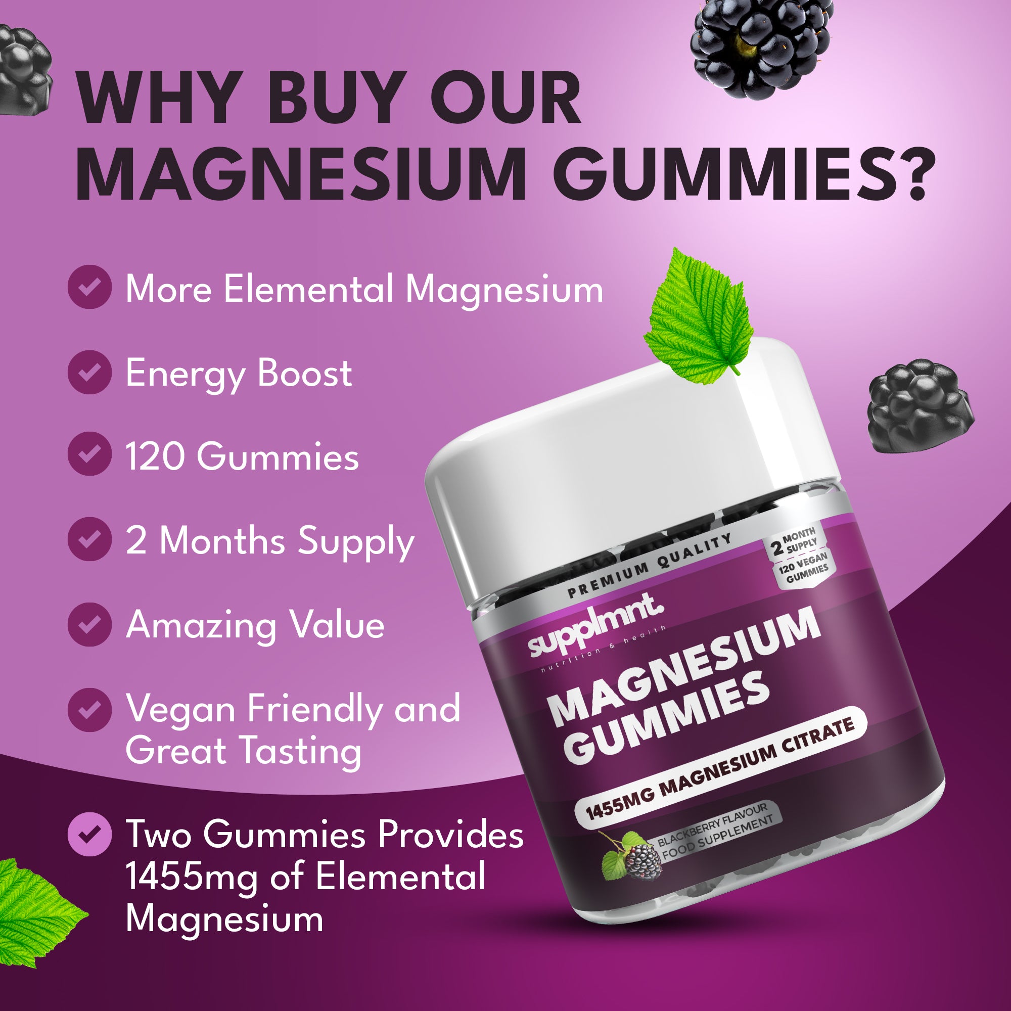 Magnesium Gummies for Adults- 1455mg Magnesium Citrate - Blackberry Magnesium Supplement  2-Months Supply - supplmnt