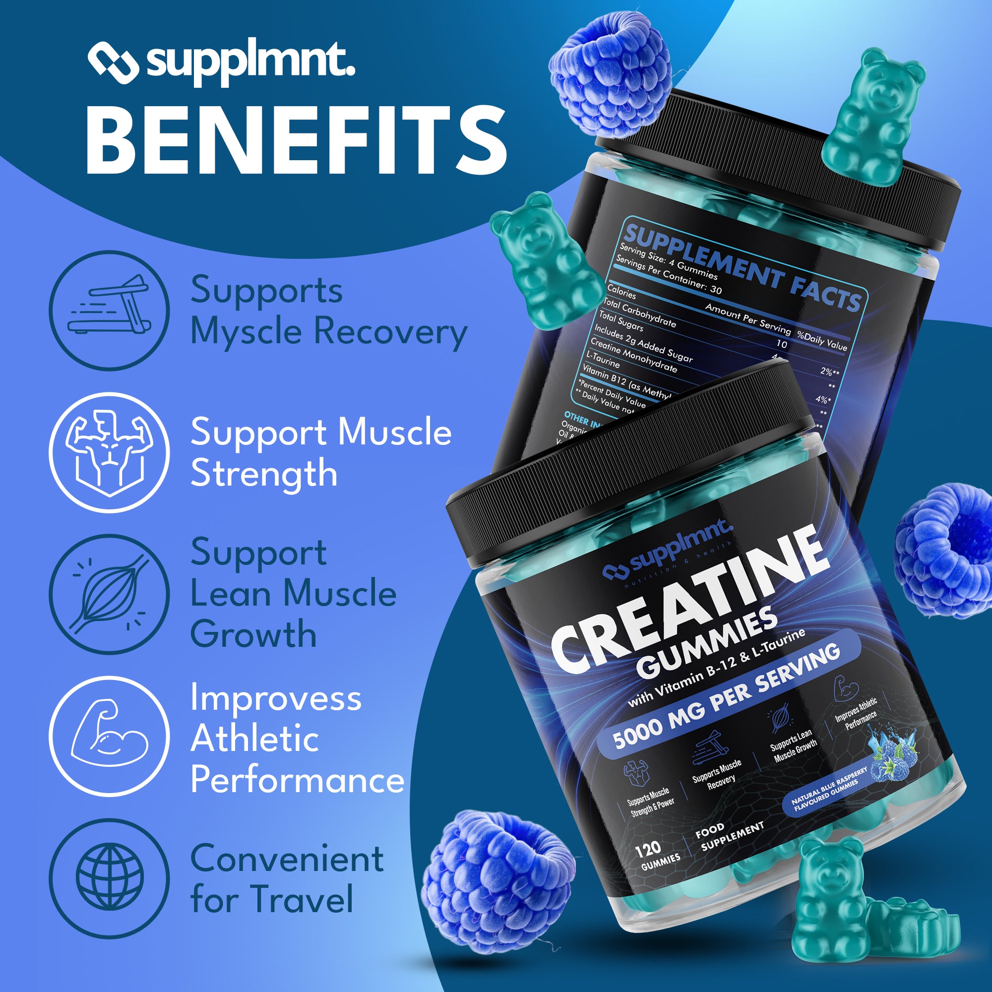 Creatine Gummies 5000mg Plus B12 and L-Taurine Blue Raspberry Flavour 1 Month Supply - supplmnt