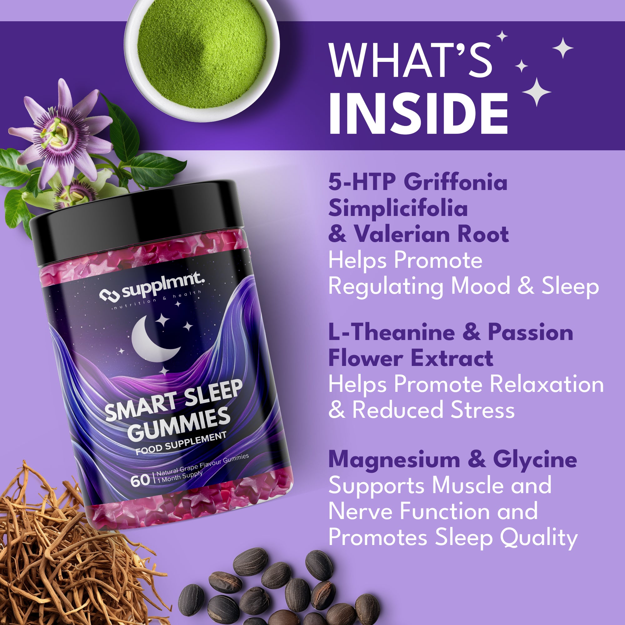 Sleep Gummies | Formulated with Valerian Root and Griffonia Seed Extract | 60 Natural Grape Flavour Gummies, 1 Month Supply - supplmnt