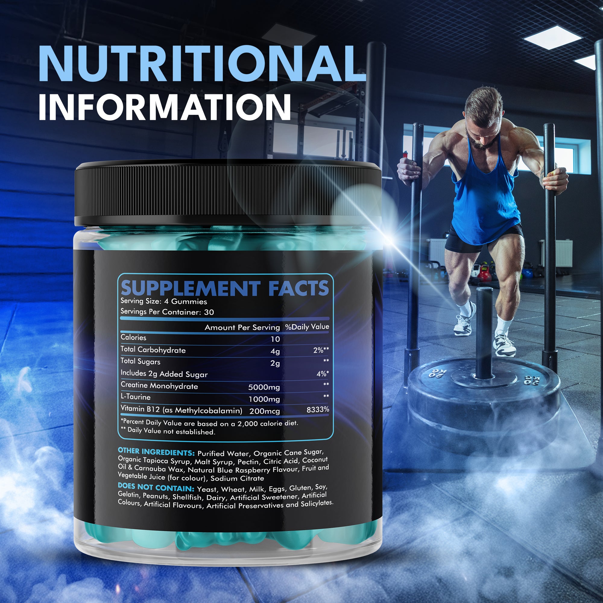 Creatine Gummies 5000mg Plus B12 and L-Taurine Blue Raspberry Flavour 1 Month Supply - supplmnt