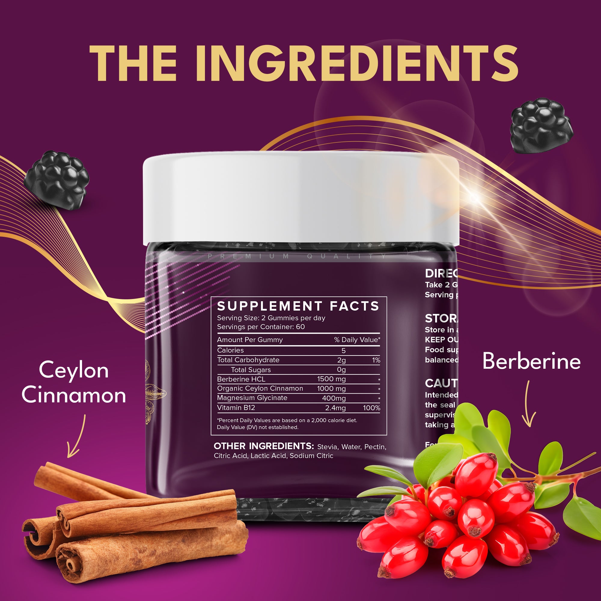 Berberine Gummies - 120-Day Supply, 1500mg Berberine with 1000mg Ceylon Cinnamon, 2.4mg Vitamin B12 & 400mg Magnesium Glycinate - Powerful Metabolism & Immune Support Supplement - BlackBerry Flavour - supplmnt