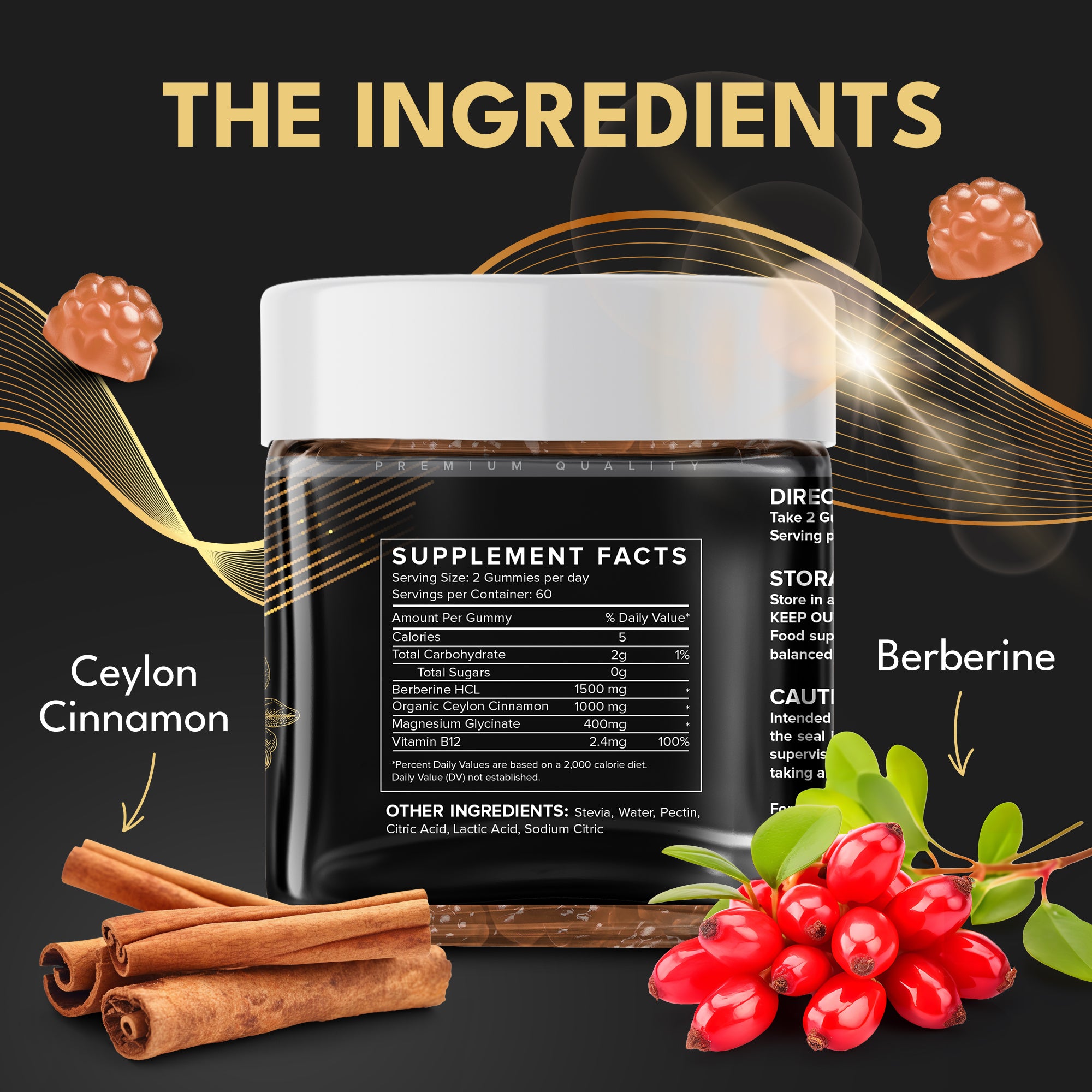Berberine Gummies - 120-Day Supply, 1500mg Berberine with 1000mg Ceylon Cinnamon, 2.4mg Vitamin B12 & 400mg Magnesium Glycinate - Powerful Metabolism & Immune Support Supplement - Orange Flavour - supplmnt