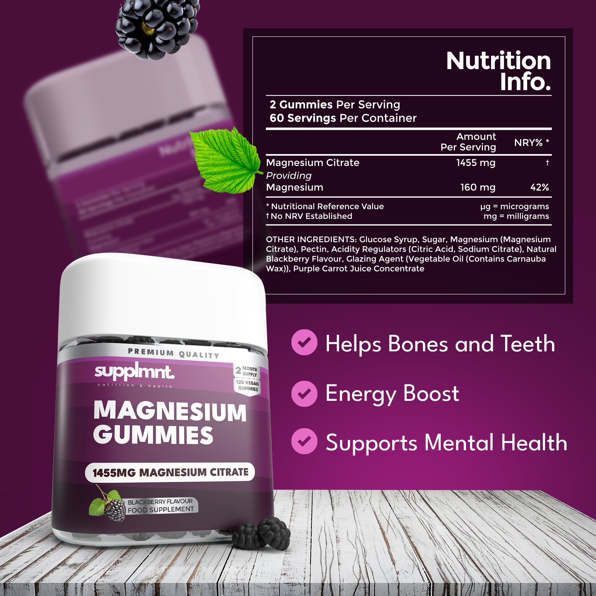 Magnesium Gummies for Adults- 1455mg Magnesium Citrate - Blackberry Magnesium Supplement  2-Months Supply - supplmnt