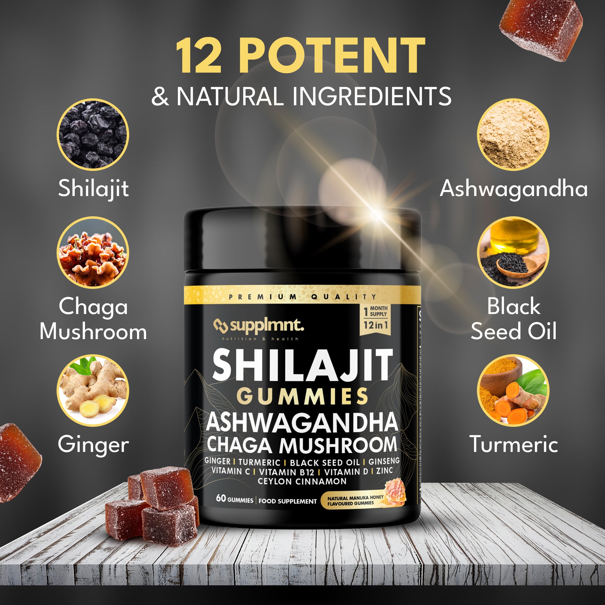 Shilajit Bundle - 2 x Shilajit Gummies with Ashwagandha, Chaga Mushroom, Ginger, Turmeric, Black Seed Oil, Ginseng, Vitamins C, B12, D, Zinc, Ceylon Cinnamon - supplmnt