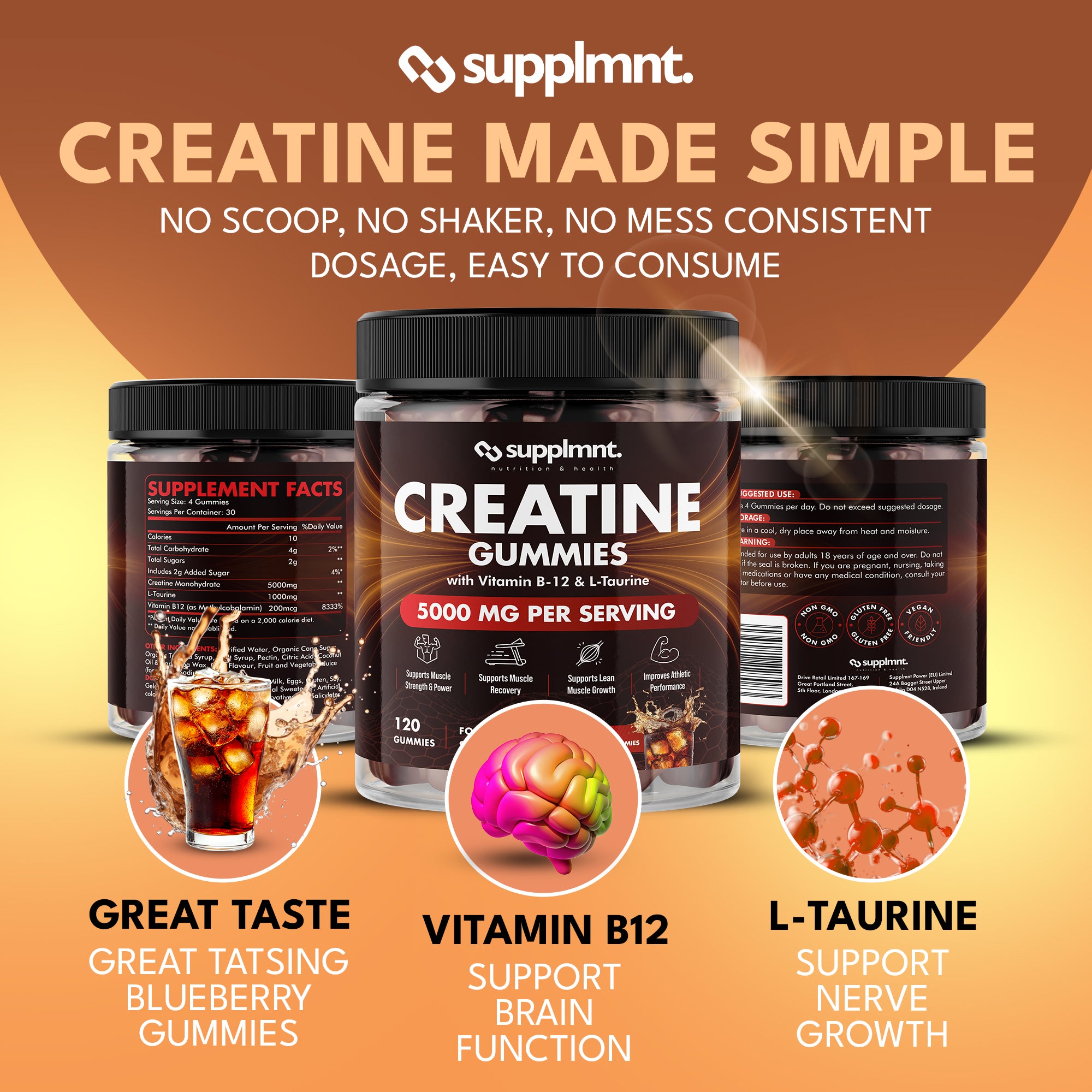 Creatine Gummies 5000mg Plus B12 and L-Taurine Cola Flavour 1 Month Supply - supplmnt