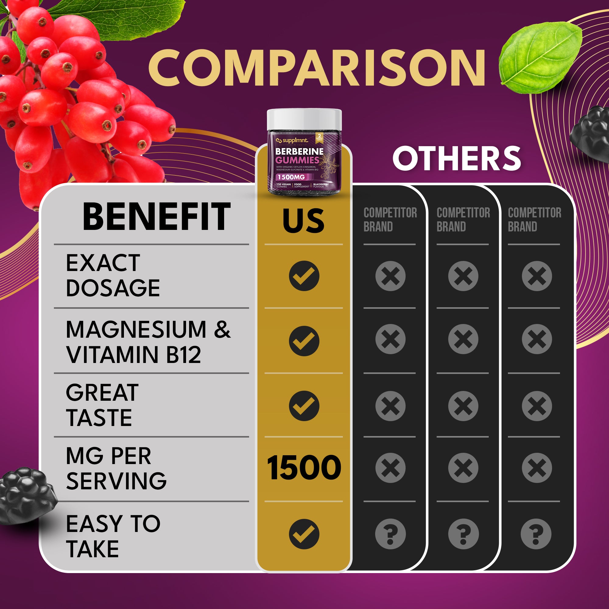 Berberine Gummies - 120-Day Supply, 1500mg Berberine with 1000mg Ceylon Cinnamon, 2.4mg Vitamin B12 & 400mg Magnesium Glycinate - Powerful Metabolism & Immune Support Supplement - BlackBerry Flavour - supplmnt
