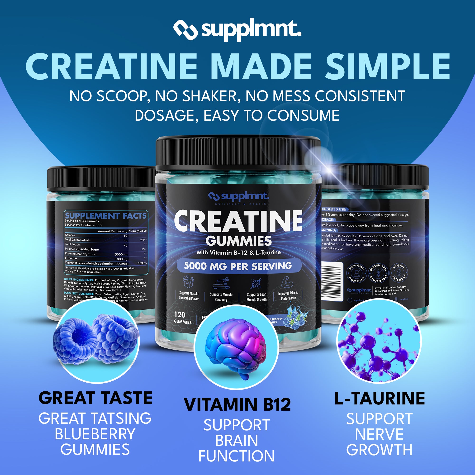 Creatine Gummies 5000mg Plus B12 and L-Taurine Blue Raspberry Flavour 1 Month Supply - supplmnt