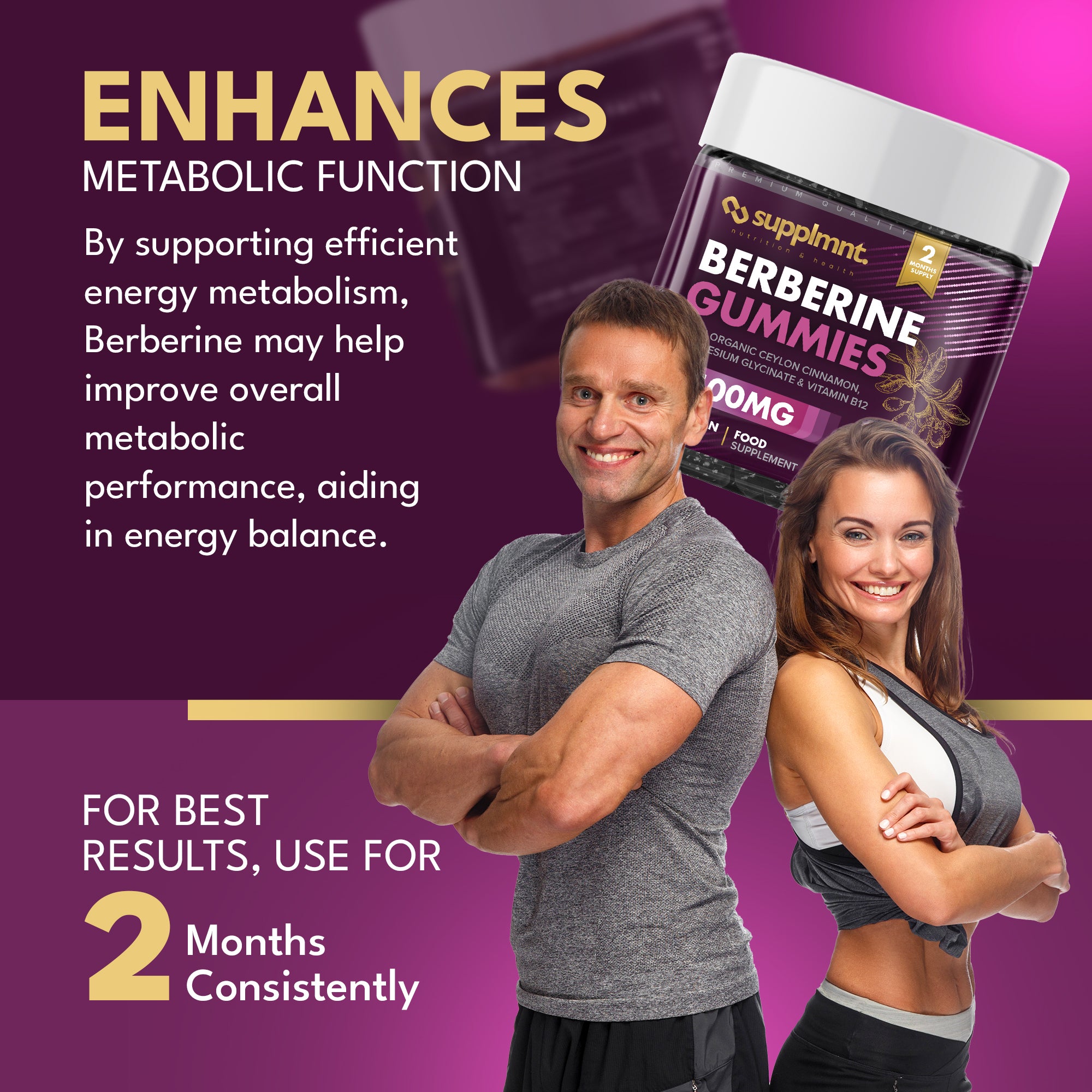 Berberine Gummies - 120-Day Supply, 1500mg Berberine with 1000mg Ceylon Cinnamon, 2.4mg Vitamin B12 & 400mg Magnesium Glycinate - Powerful Metabolism & Immune Support Supplement - BlackBerry Flavour - supplmnt