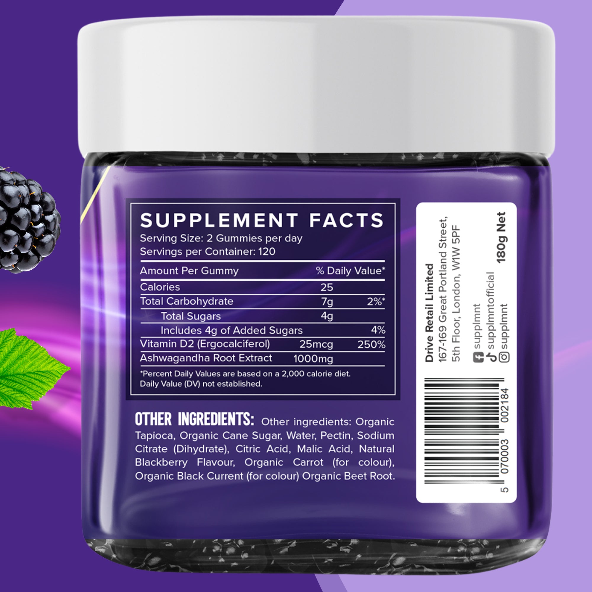 Ashwagandha Gummies, 2000mg with Vitamin D2 | 120 Gummies - 2 Months Supply, BlackBerry Flavour Ashwagandha High Strength Root Extract Supplement, Alternative to Capsules. Gluten-Free - supplmnt