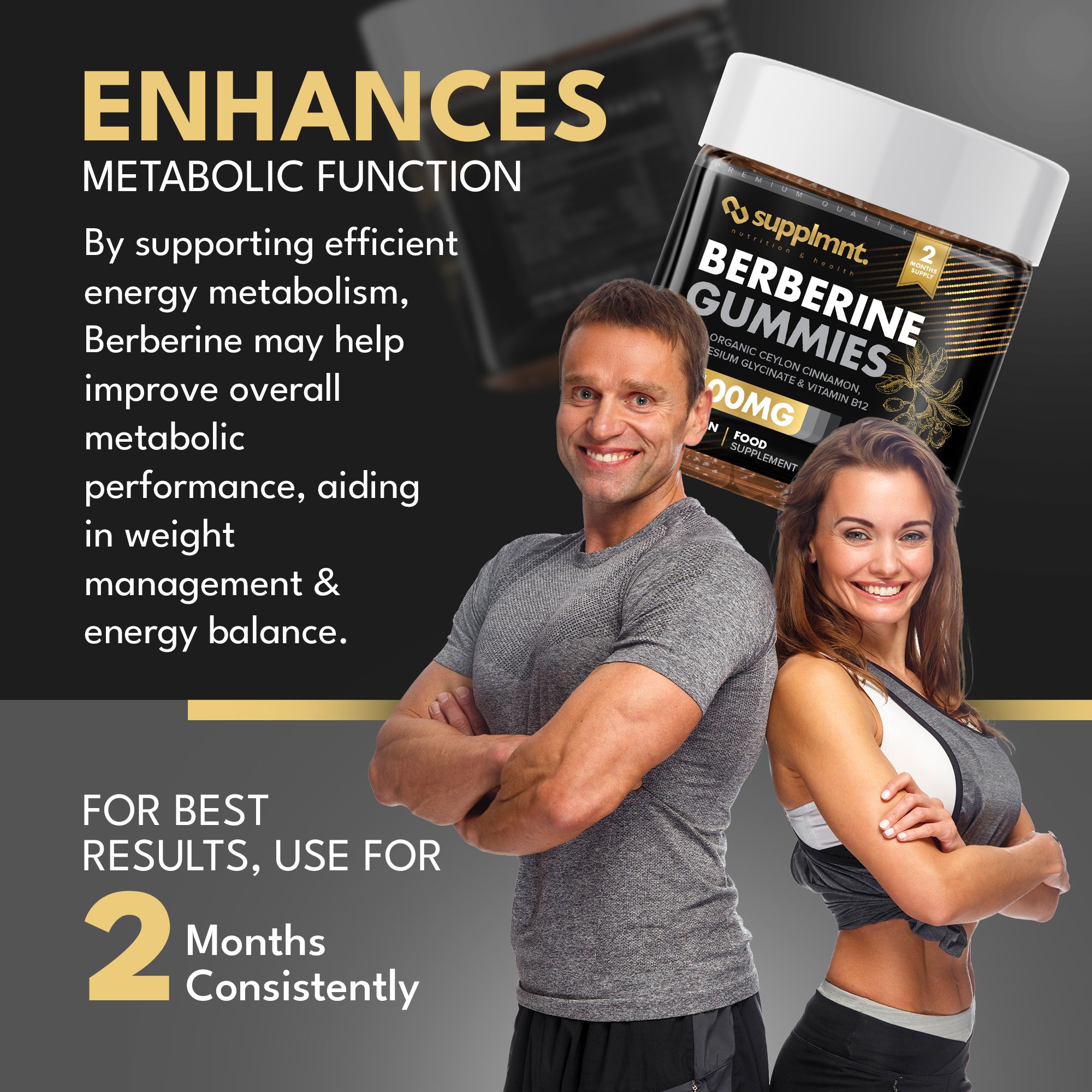 Berberine Gummies - 120-Day Supply, 1500mg Berberine with 1000mg Ceylon Cinnamon, 2.4mg Vitamin B12 & 400mg Magnesium Glycinate - Powerful Metabolism & Immune Support Supplement - Orange Flavour - supplmnt