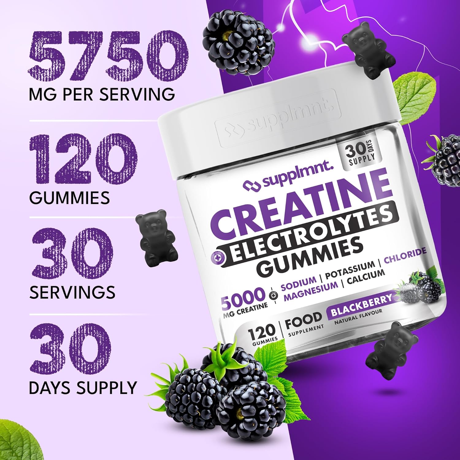 Supplmnt. Creatine Gummies with Electrolytes Blackberry Flovour