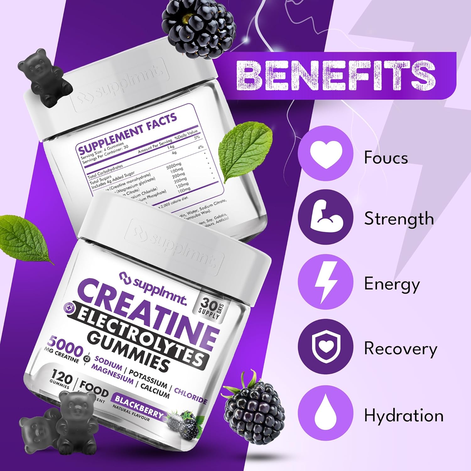 Supplmnt. Creatine Gummies with Electrolytes Blackberry Flovour