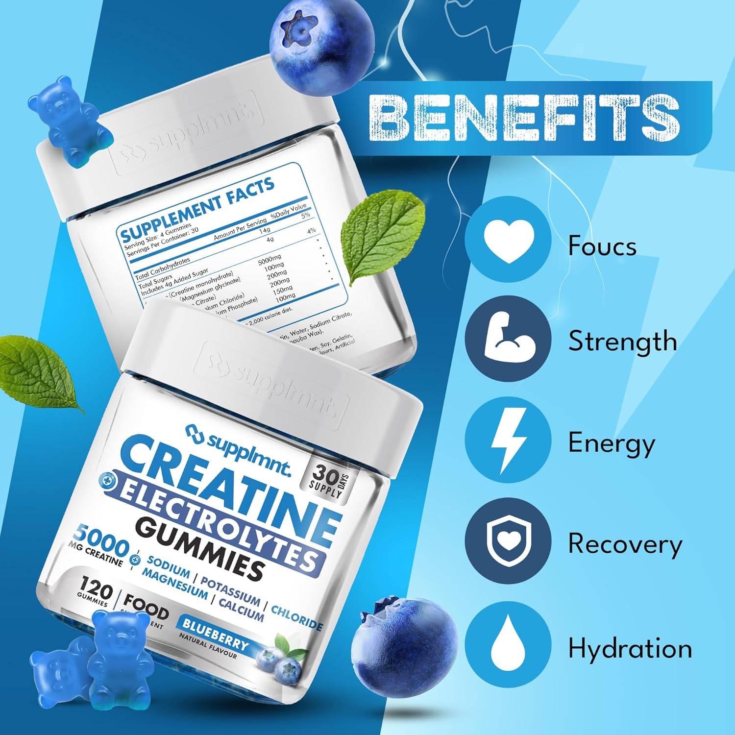 Supplmnt. Creatine Gummies with Electrolytes Blueberry Flavour