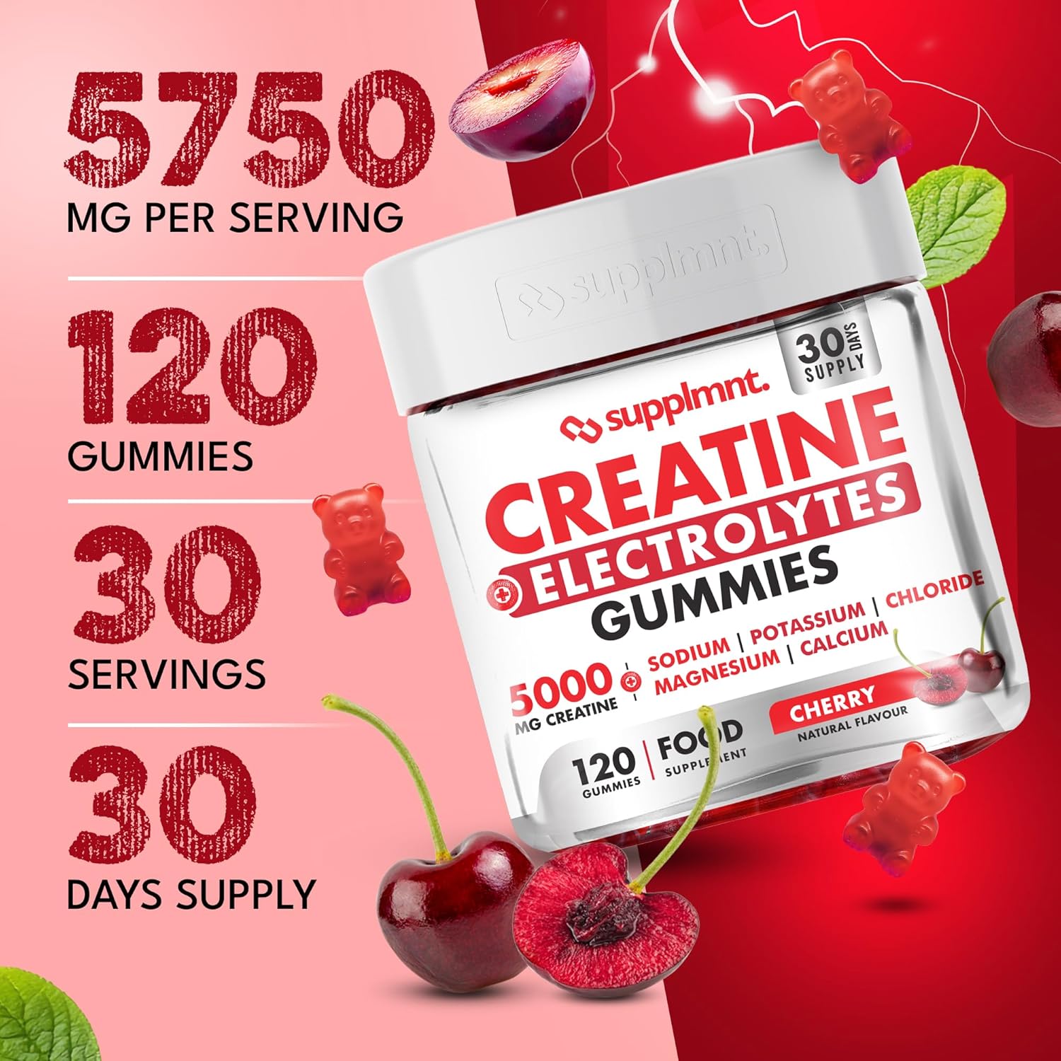 Supplmnt. Creatine Gummies with Electrolytes Cherry Flavour
