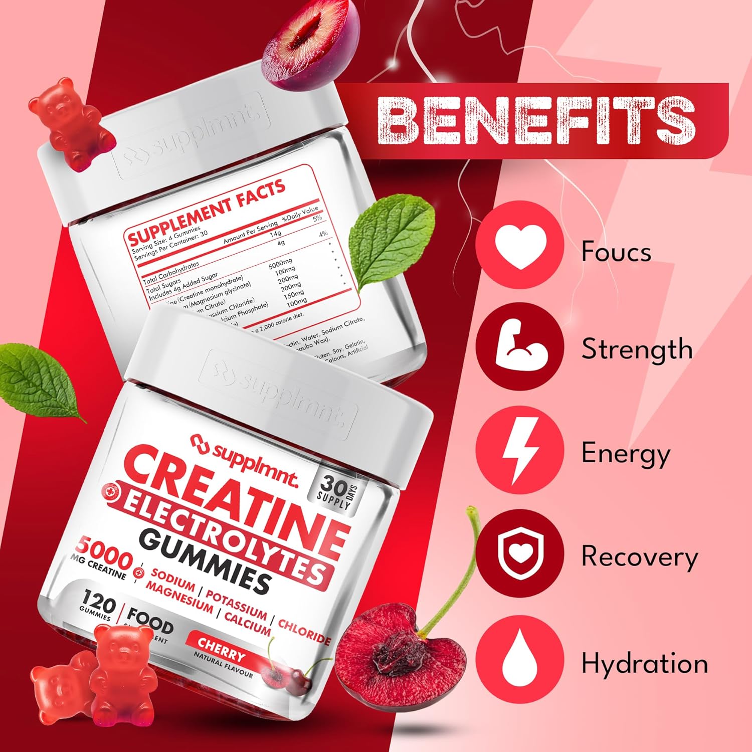 Supplmnt. Creatine Gummies with Electrolytes Cherry Flavour