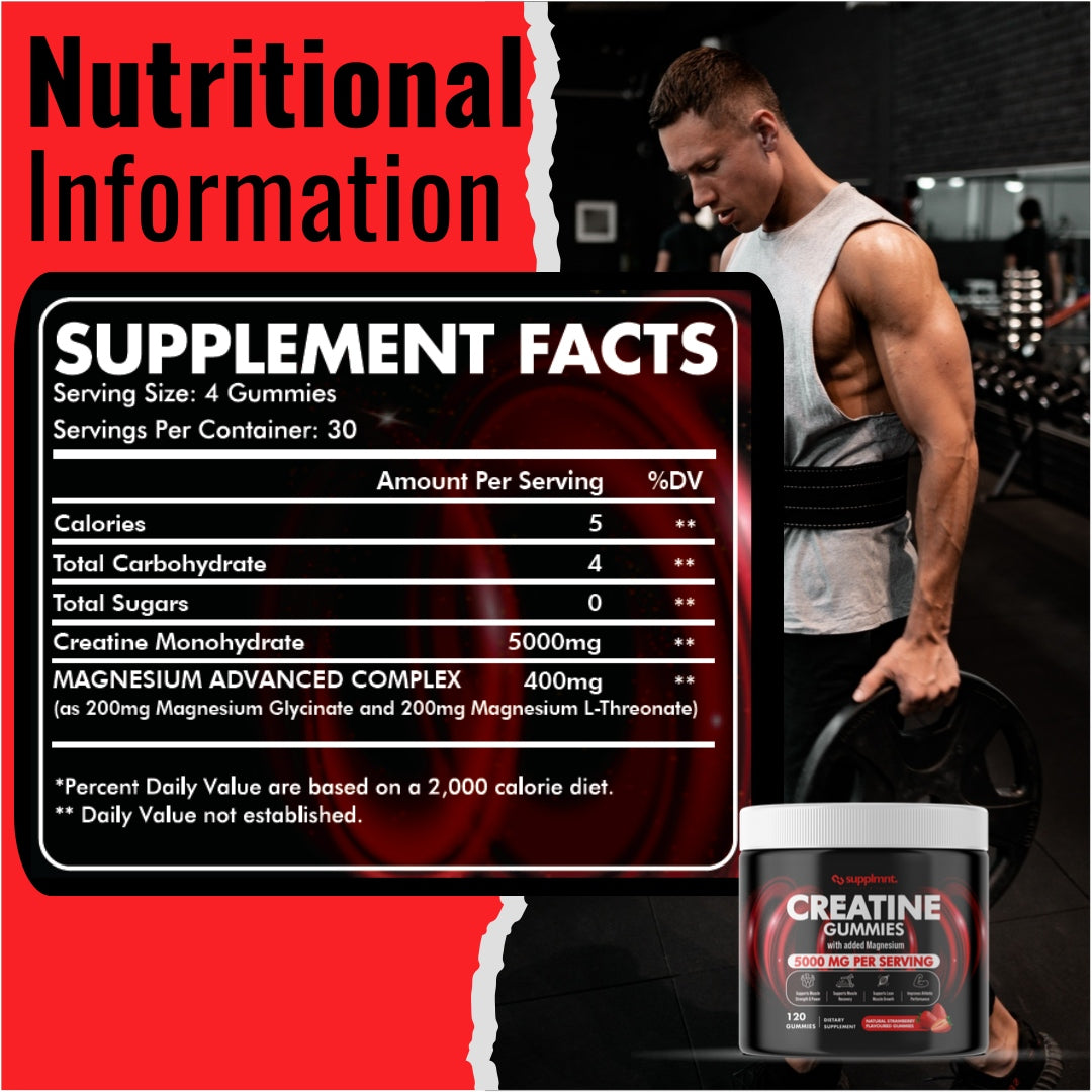 Creatine Gummies 5000mg Plus Magnesium Strawberry Flavour 1 Month Supply - supplmnt