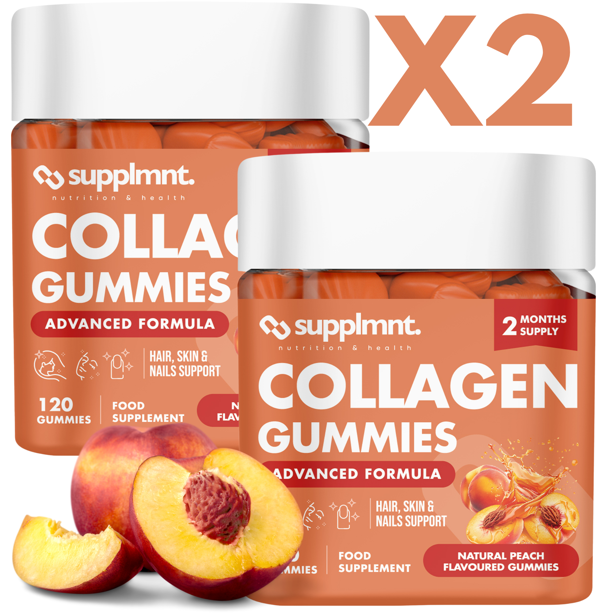 Collagen 4 Months Bundle - 2 x Peach Marine Collagen Gummies with Biotin, Hyaluronic Acid & Vitamin C - supplmnt