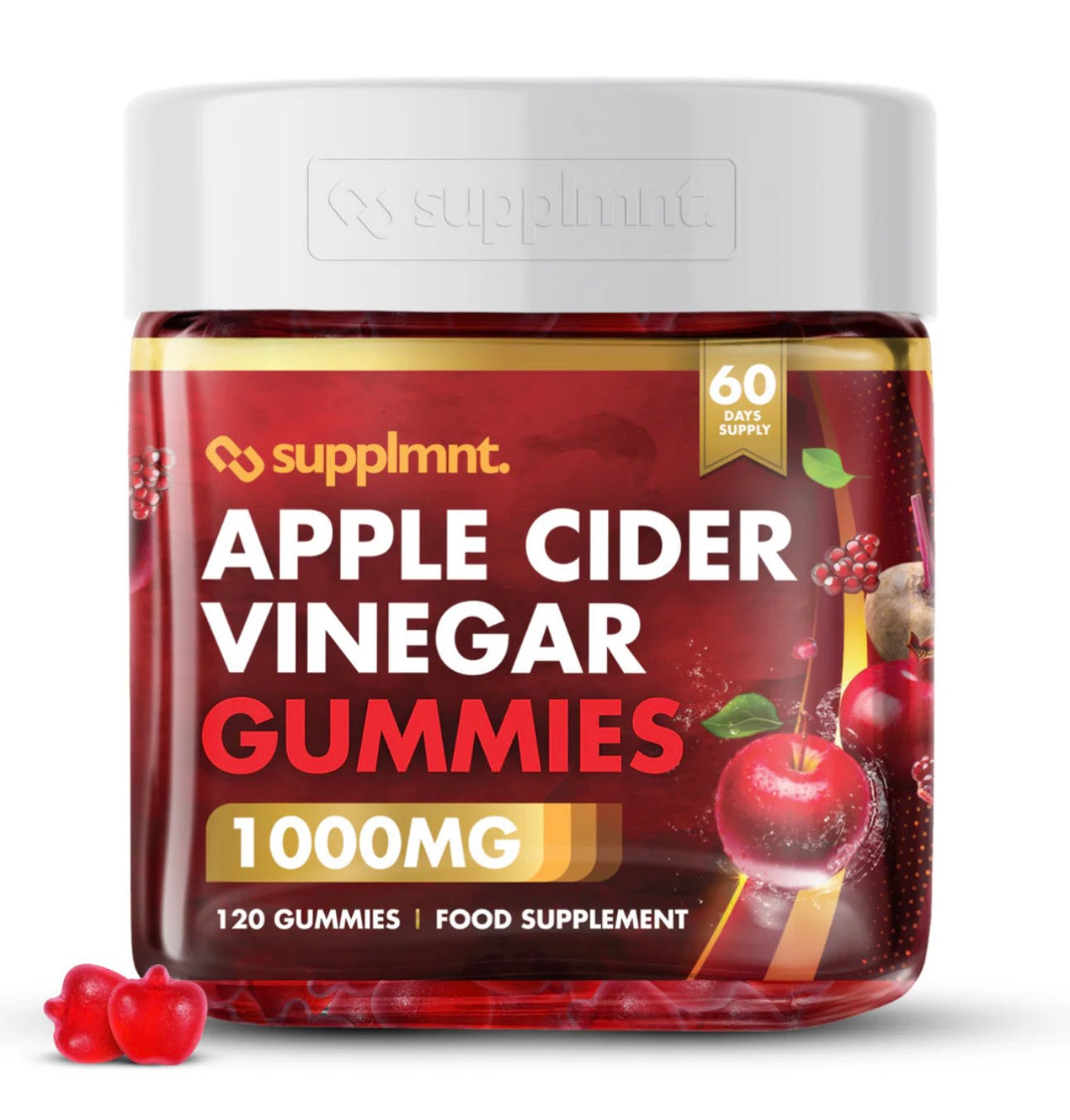 supplmnt. Apple Cider Vinegar Gummies – 1000mg ACV, B6, B12, Folic Acid, Pomegranate & Beetroot – Red Apple Flavour – 120 Vegan Gummies (60-Day Supply)