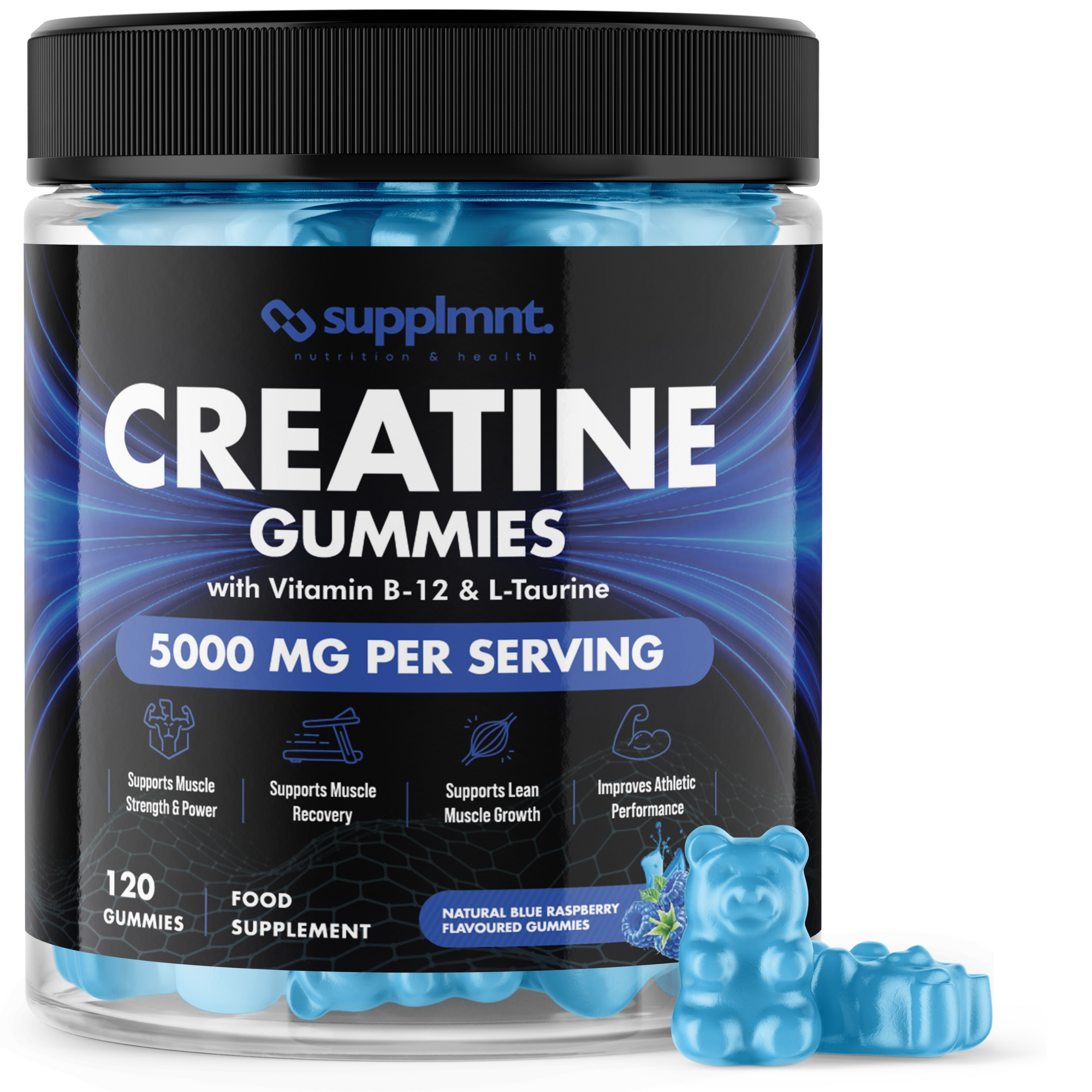 Creatine Gummies 5000mg Plus B12 and L-Taurine Blue Raspberry Flavour 1 Month Supply - supplmnt