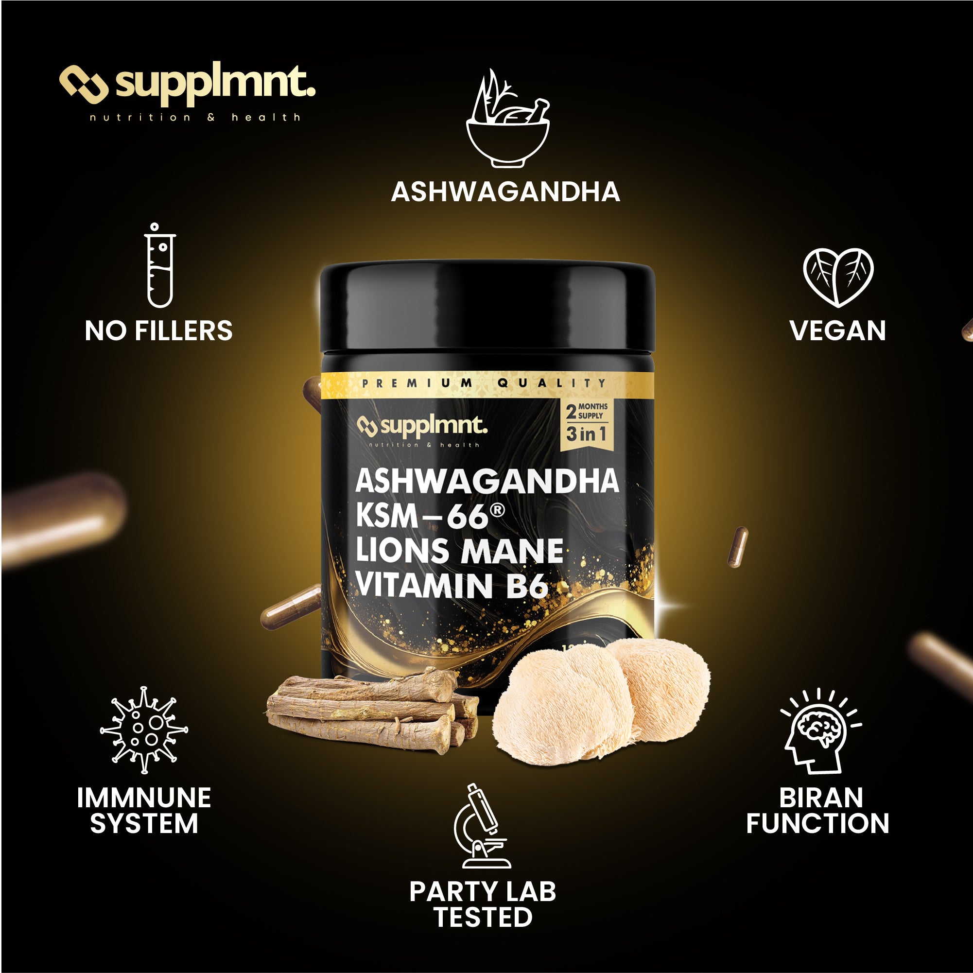 Ashwagandha KSM-66, Lions Mane & Vitamin B6 Capsules - High Strength 2000mg KSM-66 Ashwaghandha Root Extract & Lions Mane Mushroom with Vitamin B6 2-120 Vegan Capsules with Black Pepper - 2 Months - supplmnt