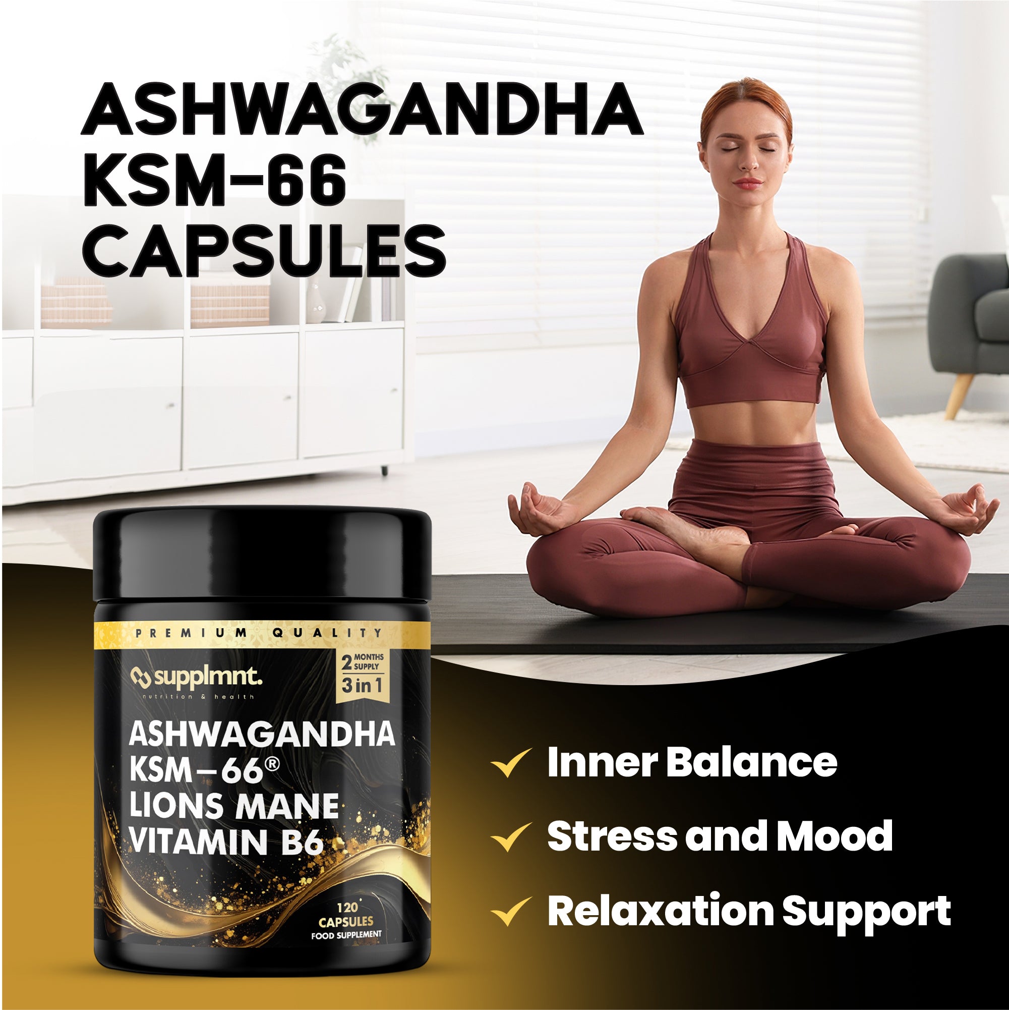 Ashwagandha KSM-66, Lions Mane & Vitamin B6 Capsules - High Strength 2000mg KSM-66 Ashwaghandha Root Extract & Lions Mane Mushroom with Vitamin B6 2-120 Vegan Capsules with Black Pepper - 2 Months - supplmnt