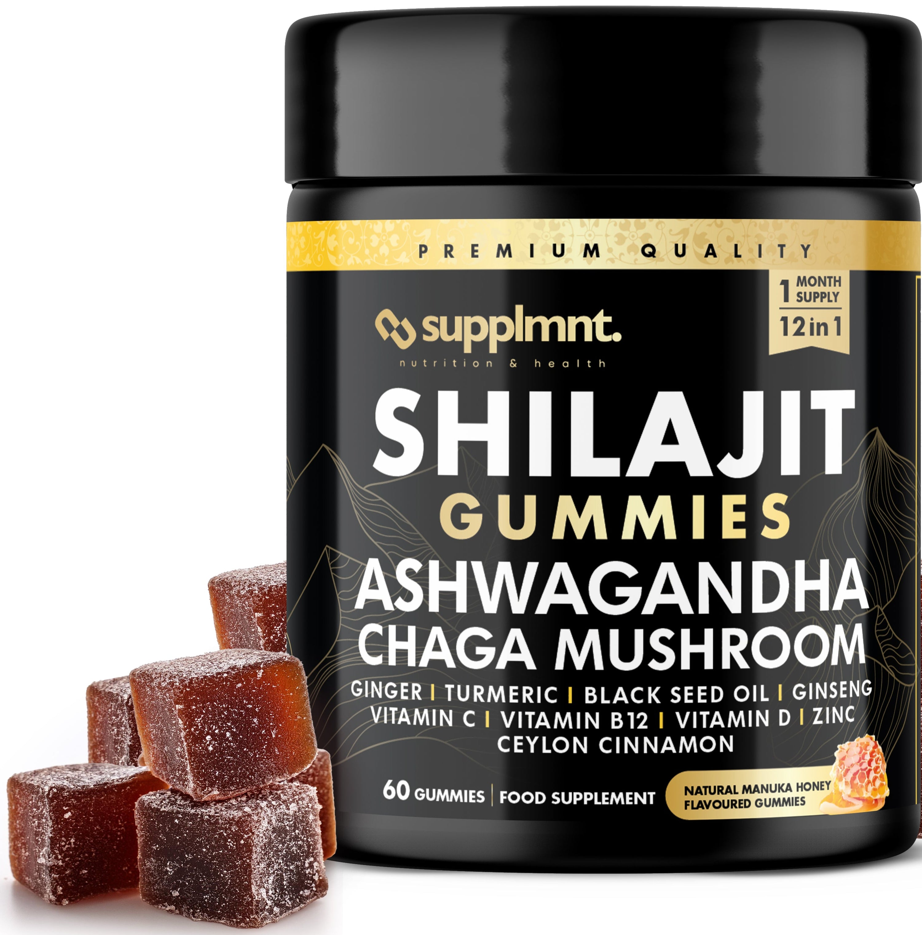 Shilajit Gummies with Ashwagandha, Chaga Mushroom, Ginger, Turmeric, Black Seed Oil, Ginseng, Vitamins C, B12, D, Zinc, Ceylon Cinnamon, 60 Gummies, 1 Months' Supply - supplmnt